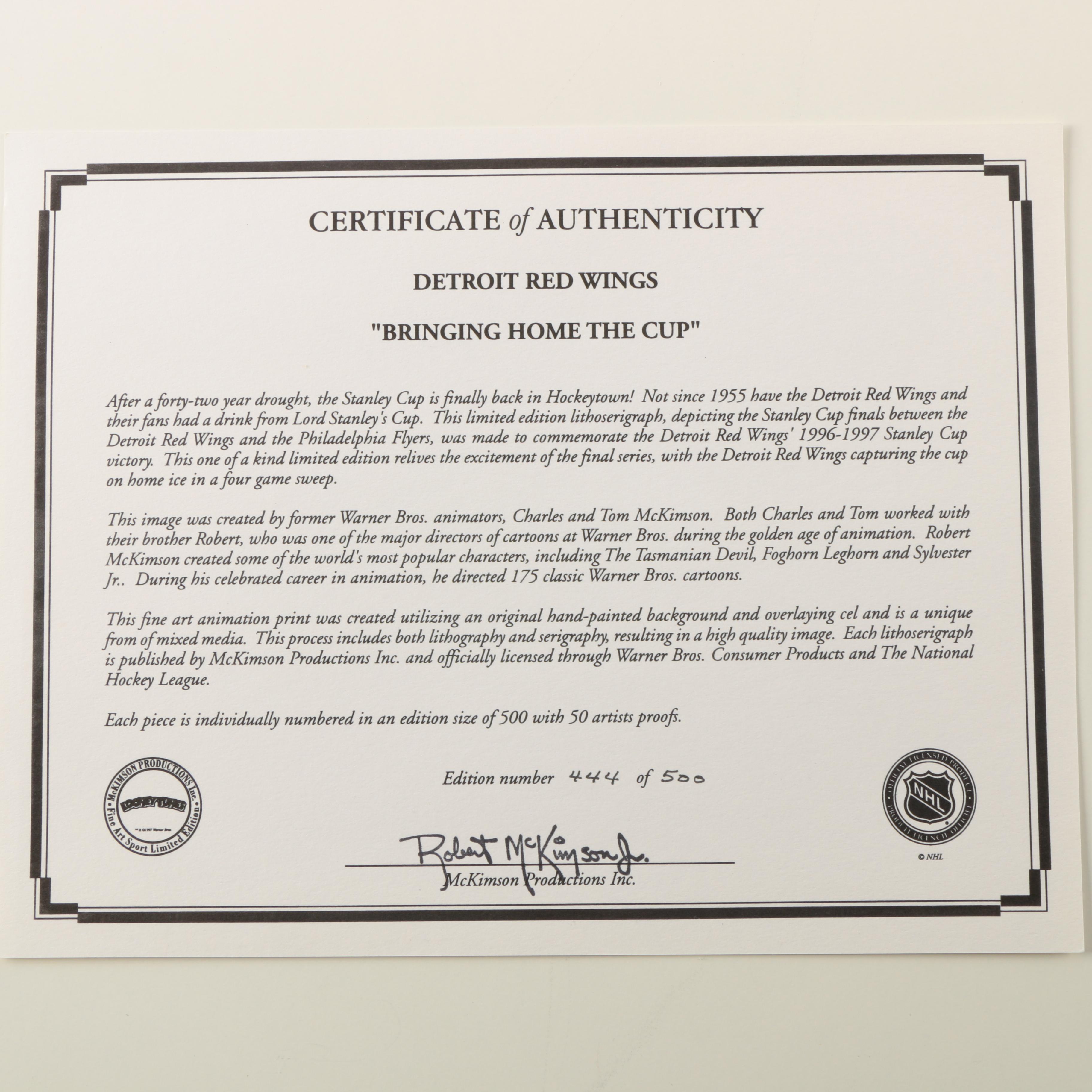 Signed Lithoserigraph of Bugs Bunny Autographed by Four 1997 Red Wings Players