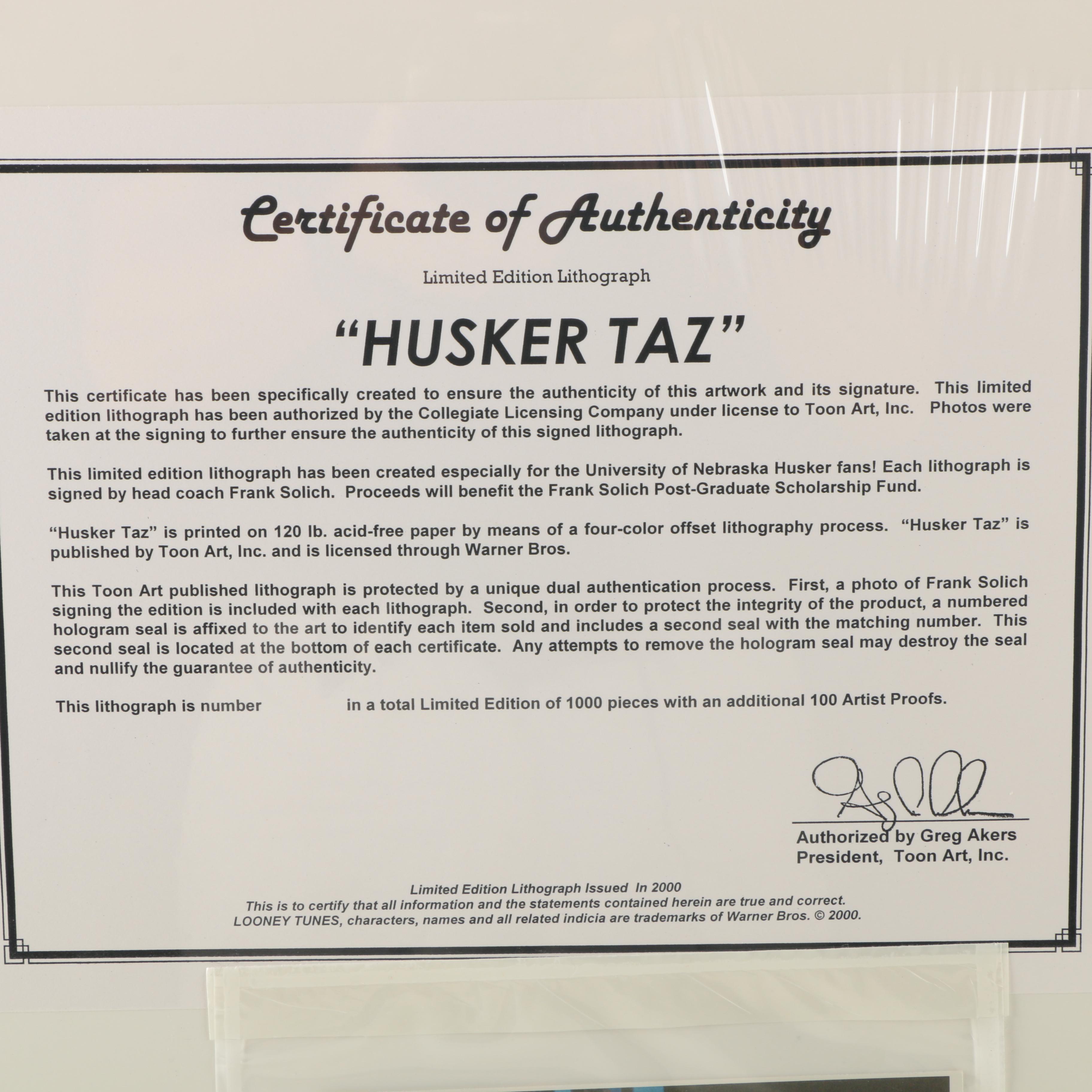 Looney Tunes Limited Edition Offset Lithograph "Husker Taz"
