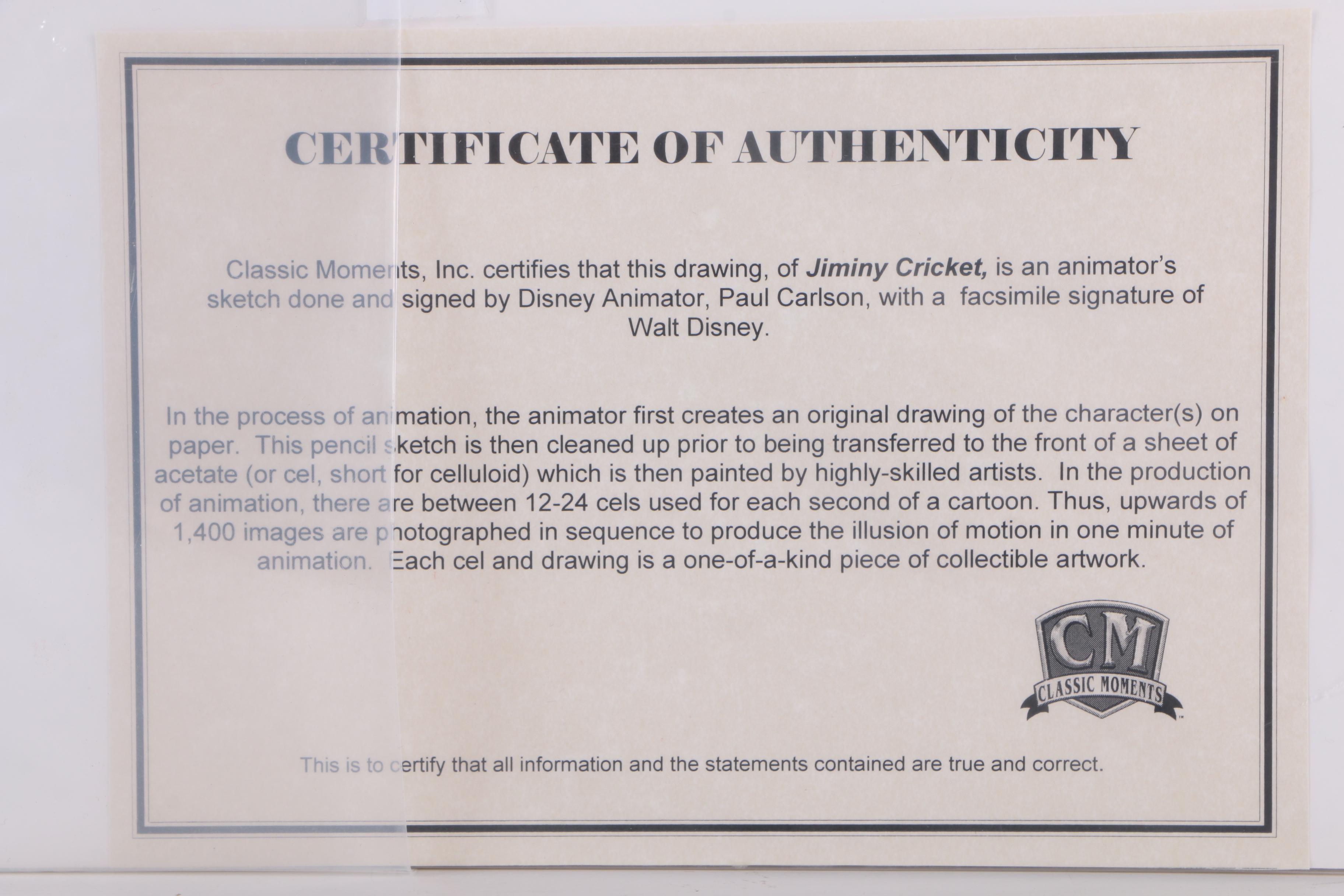 Animator's Sketch of Jiminy Cricket From Walt Disney's "Pinocchio"