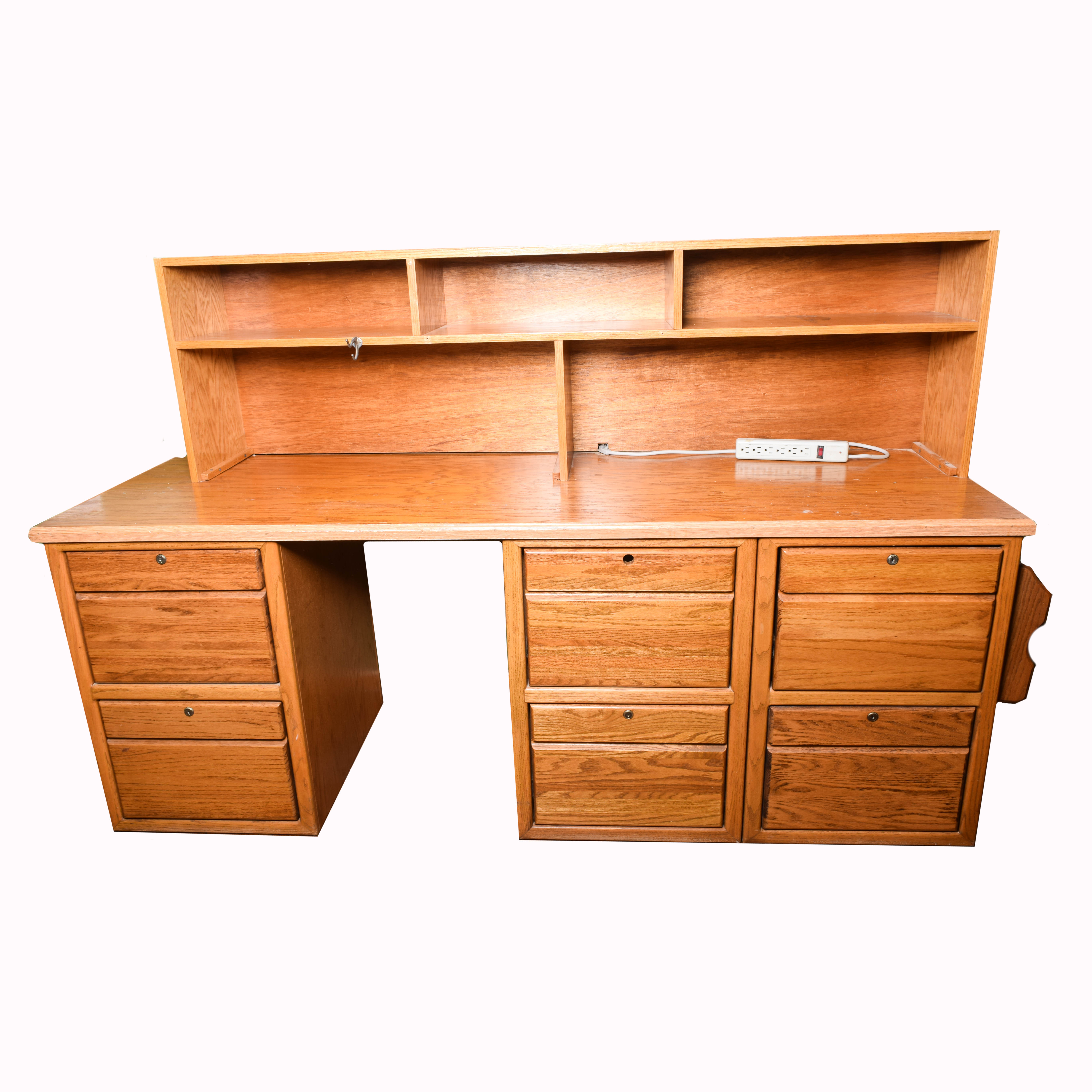 Oak Veneer Desk with Hutch and File Cabinet