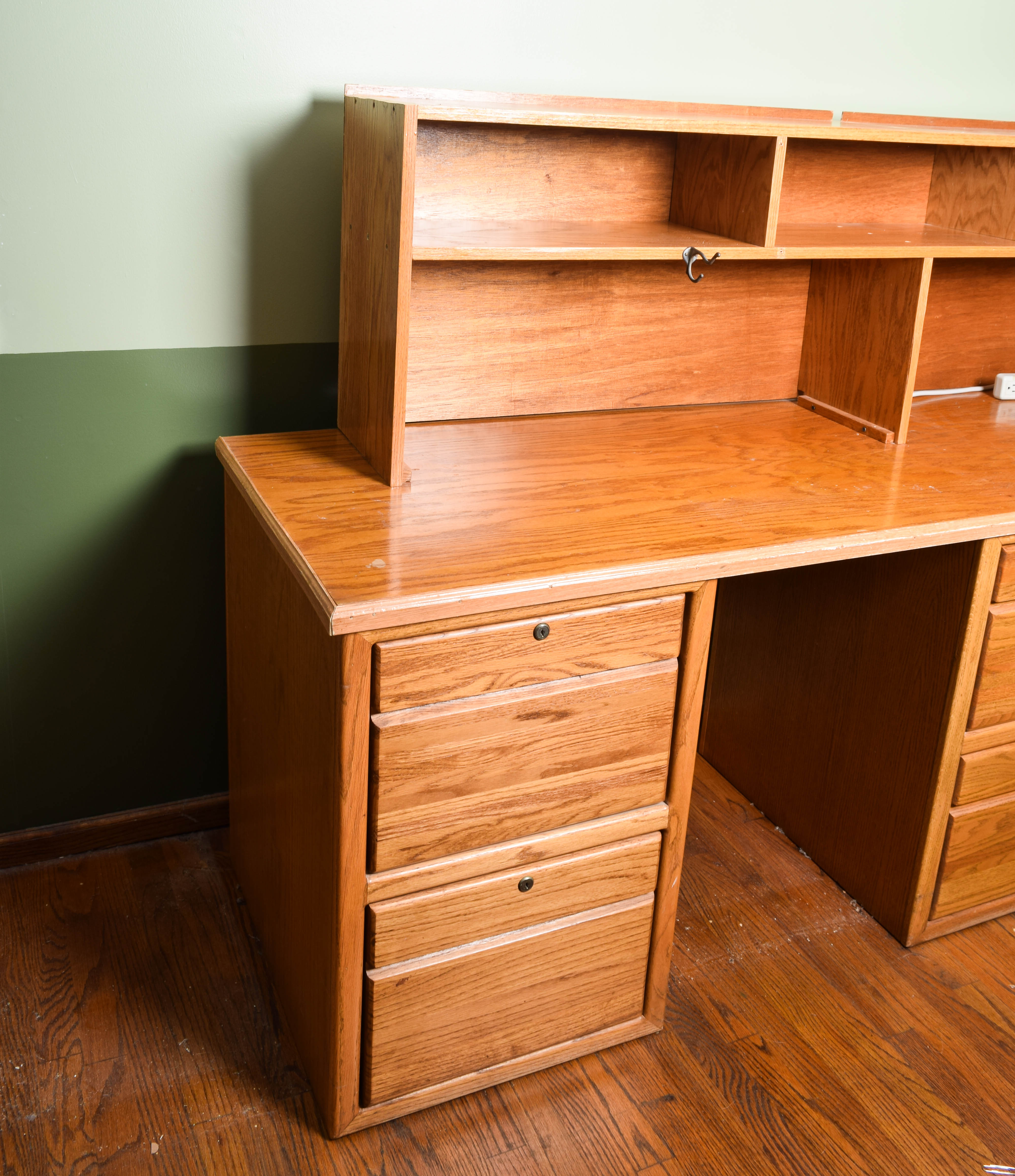 Oak Veneer Desk with Hutch and File Cabinet