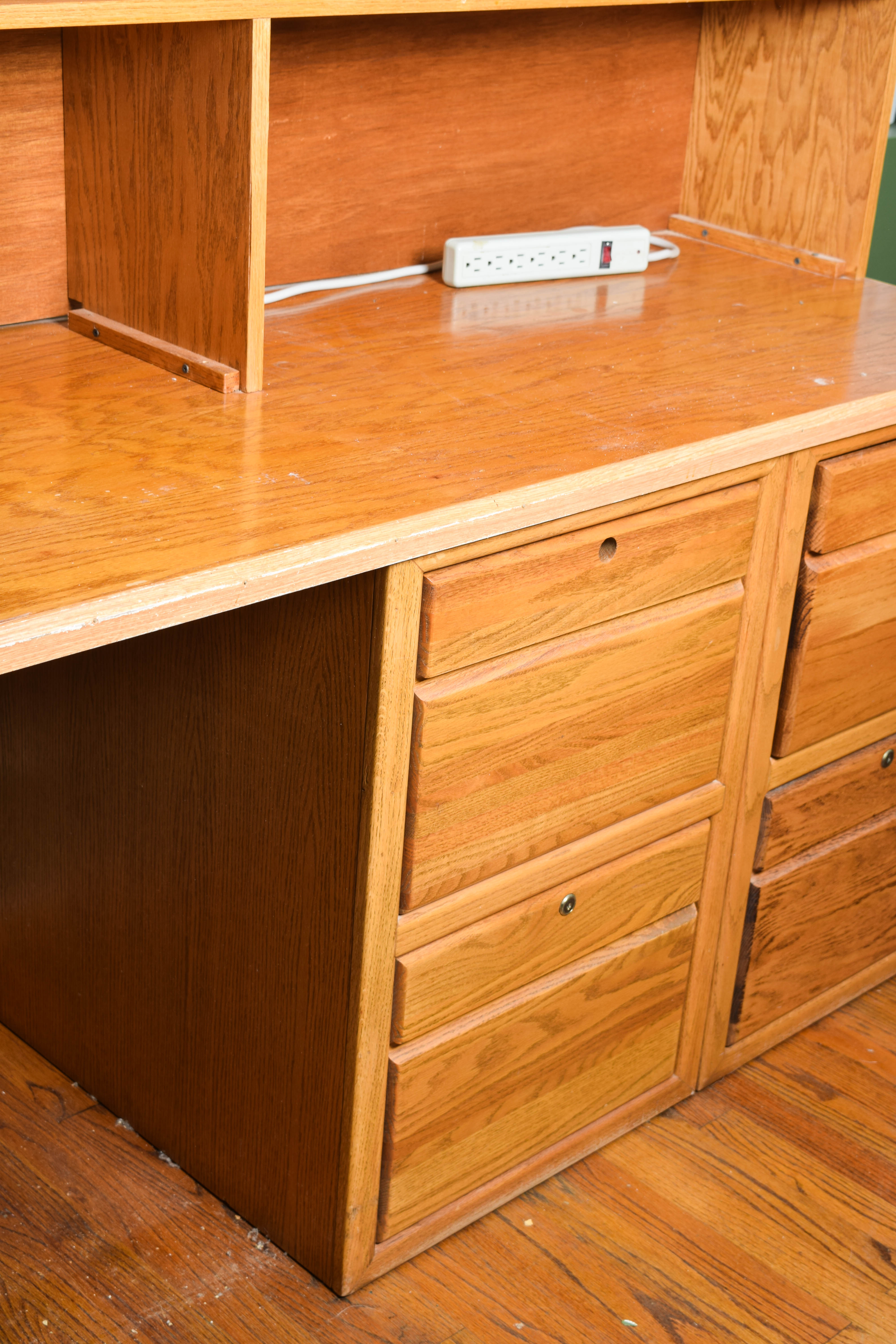 Oak Veneer Desk with Hutch and File Cabinet
