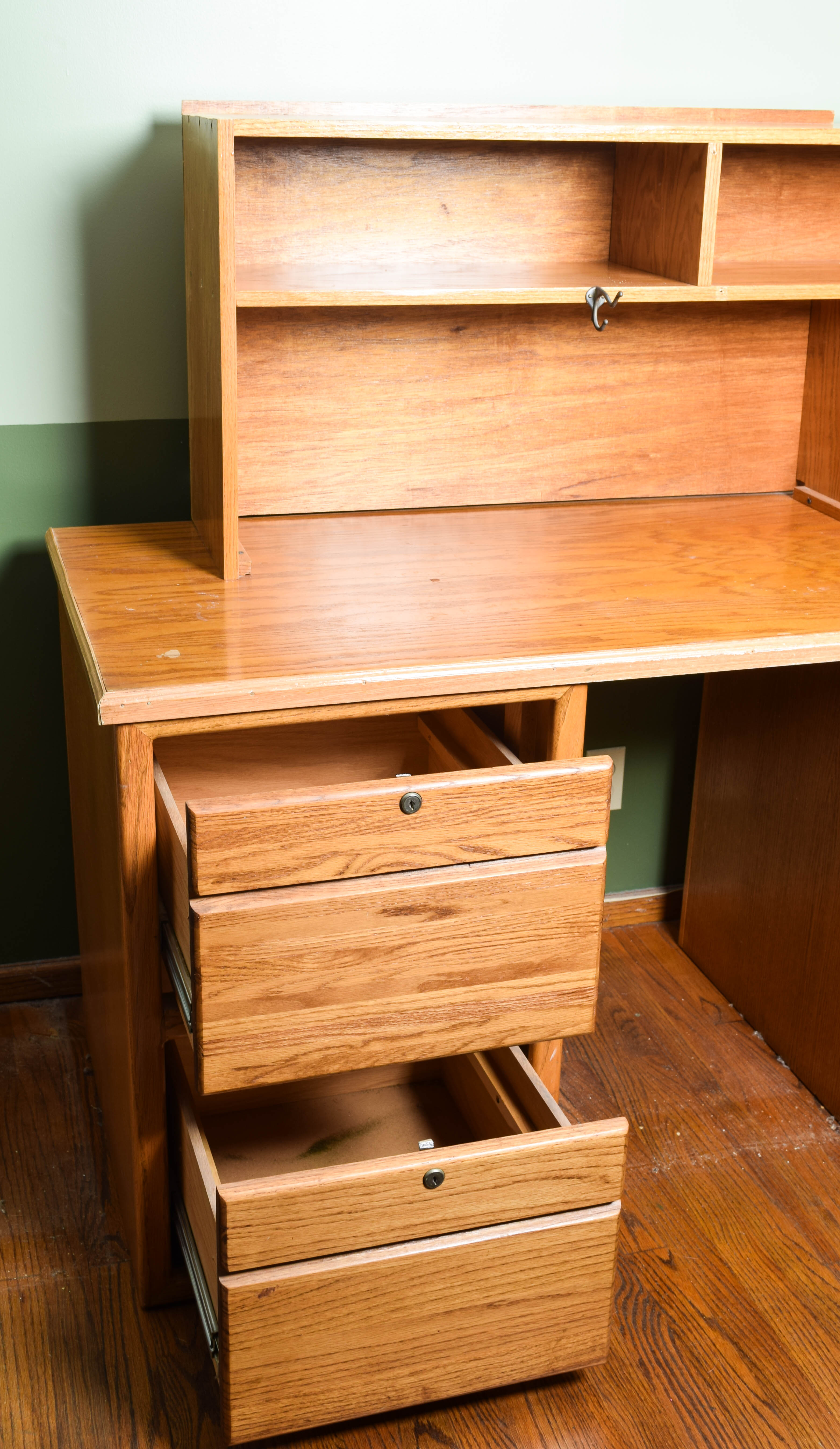 Oak Veneer Desk with Hutch and File Cabinet