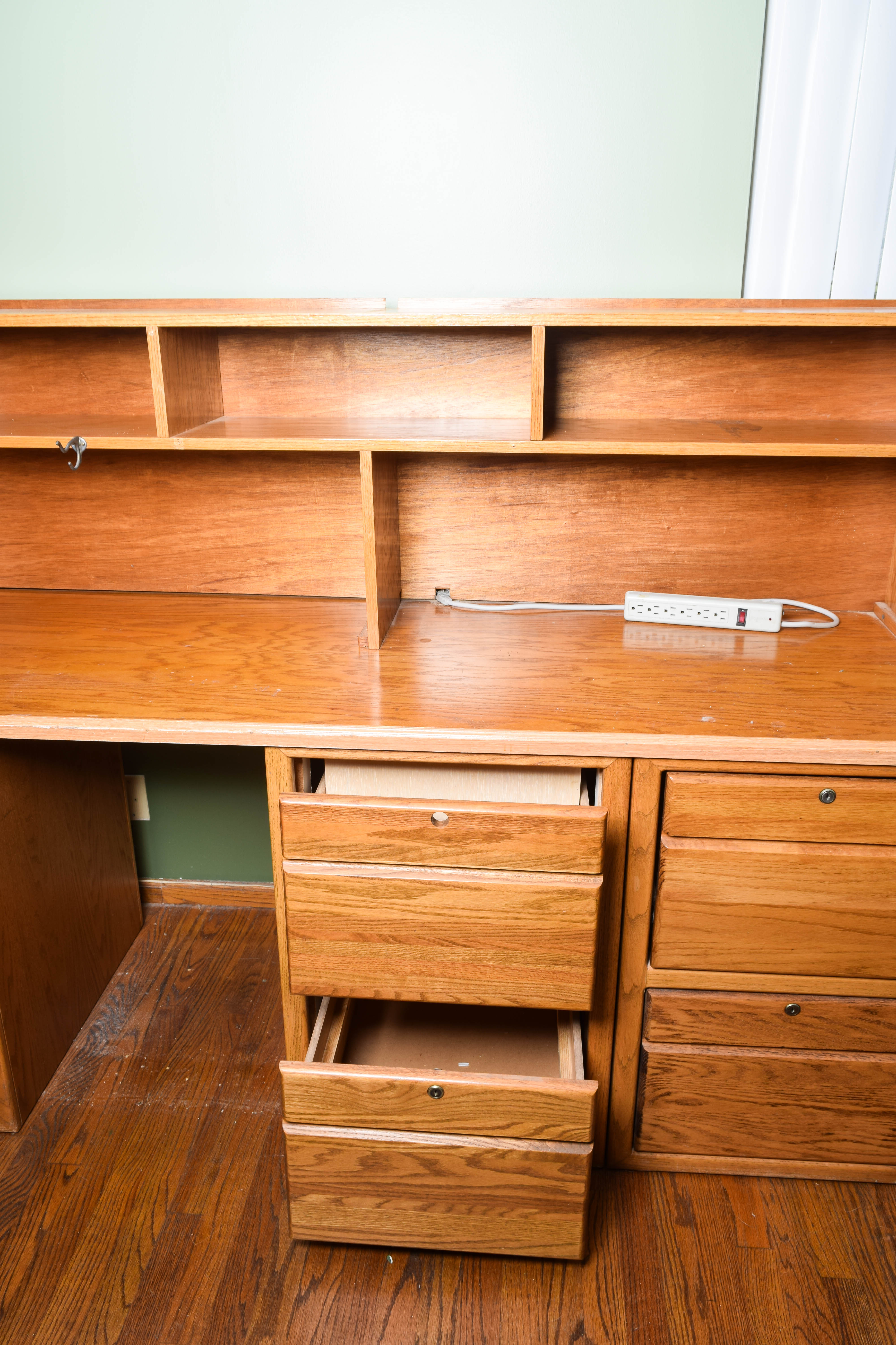 Oak Veneer Desk with Hutch and File Cabinet