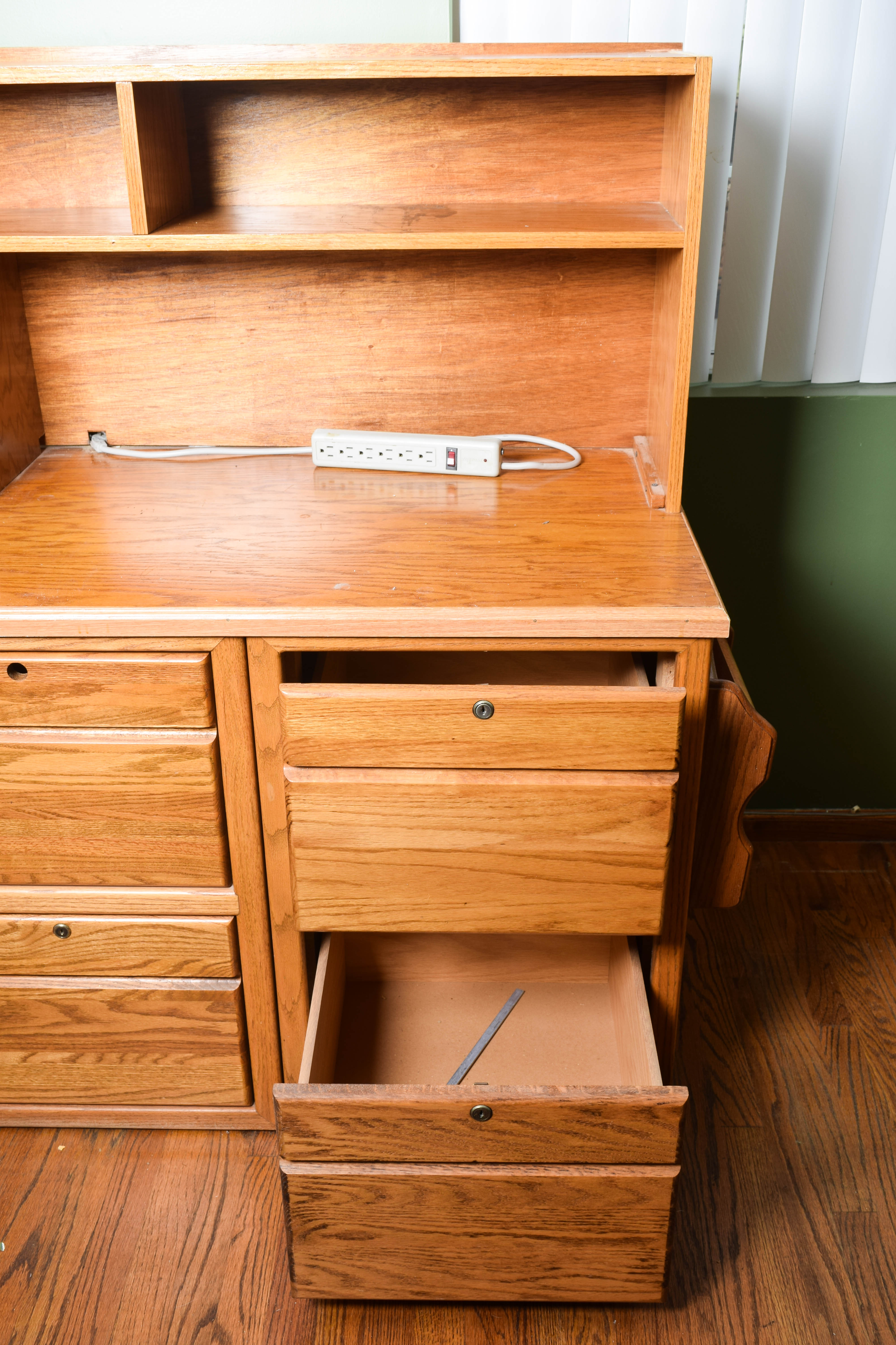 Oak Veneer Desk with Hutch and File Cabinet