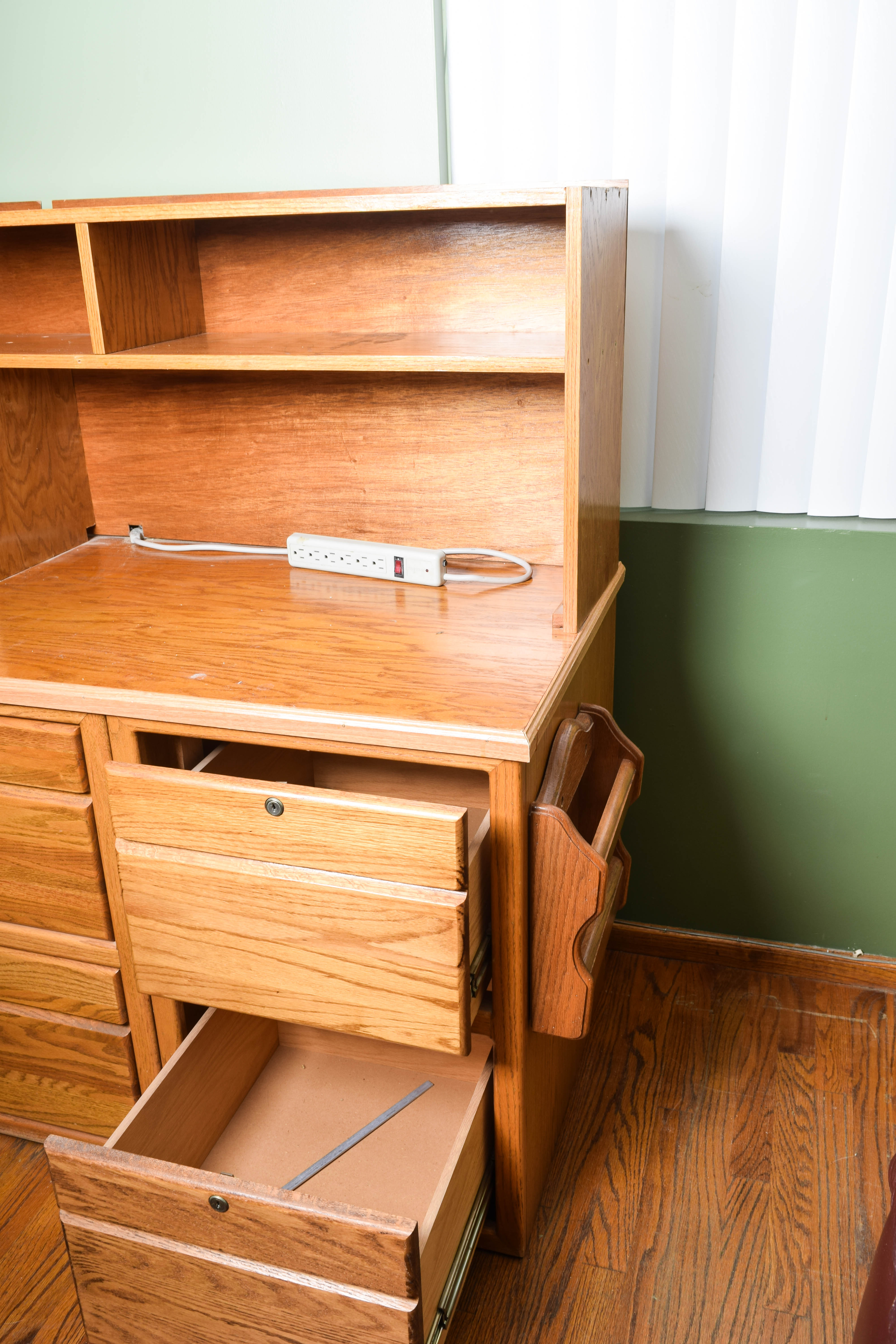 Oak Veneer Desk with Hutch and File Cabinet