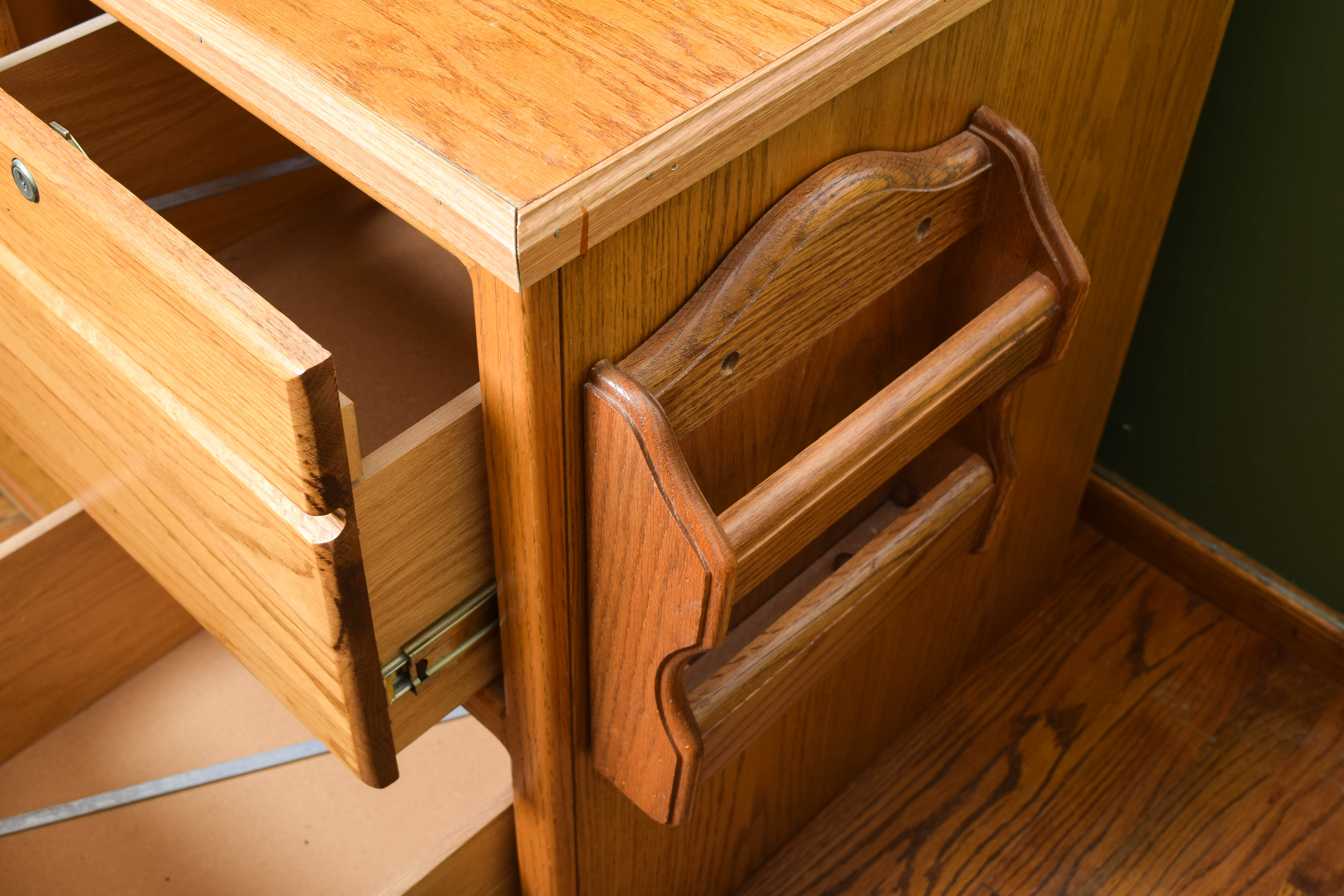 Oak Veneer Desk with Hutch and File Cabinet