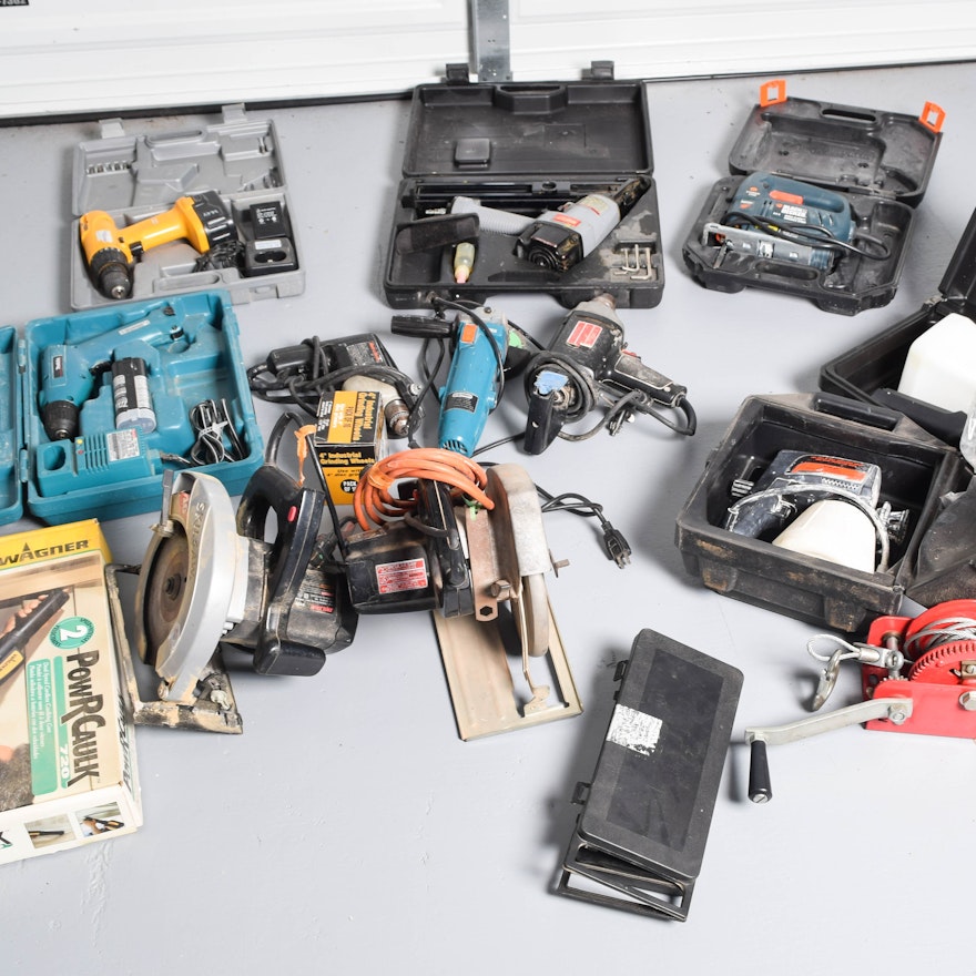 Collection of Drills, Skilsaws, and Other Power Tools