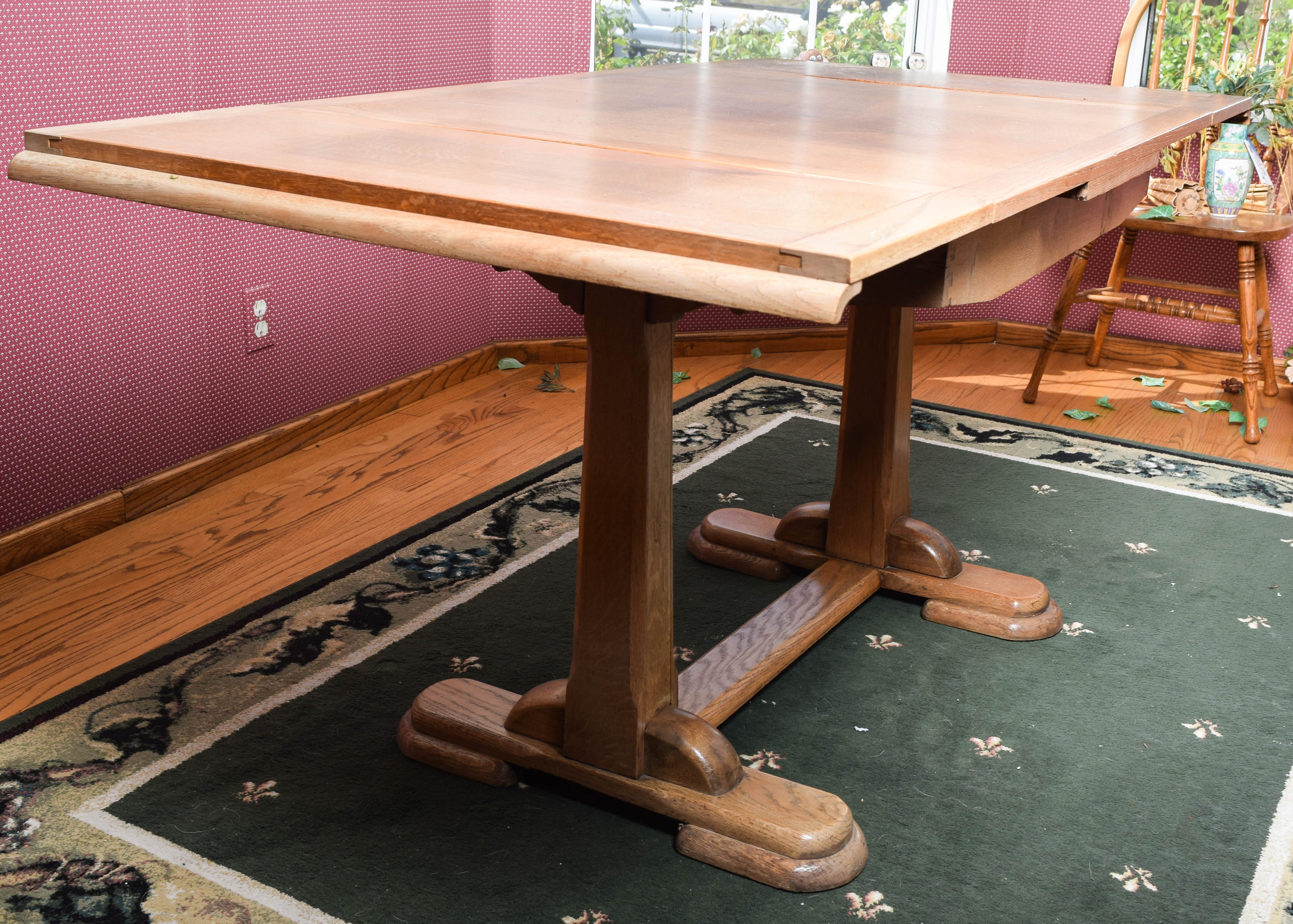 Vintage Oak Trestle Dining Table and Chairs