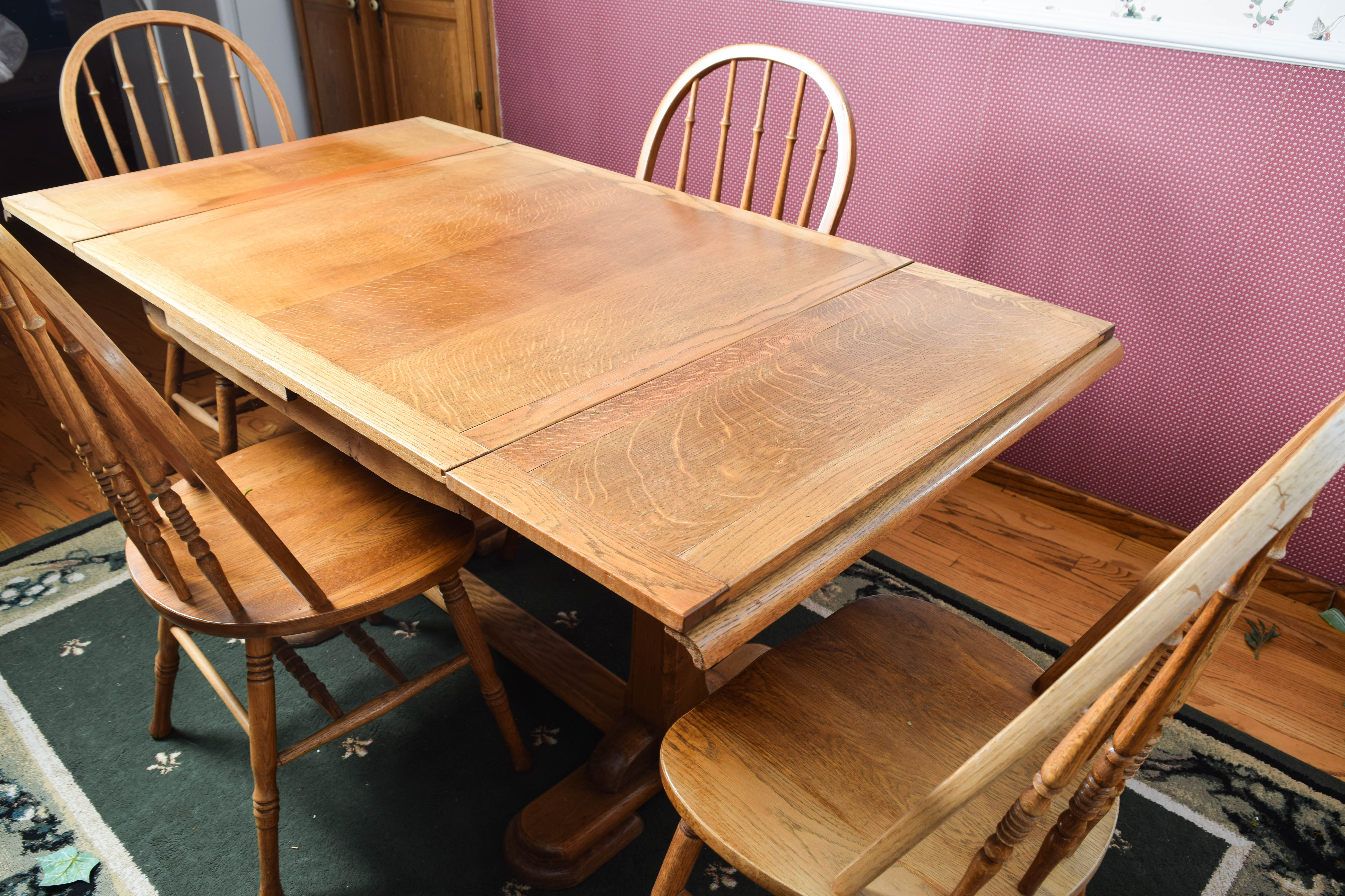 Vintage Oak Trestle Dining Table and Chairs