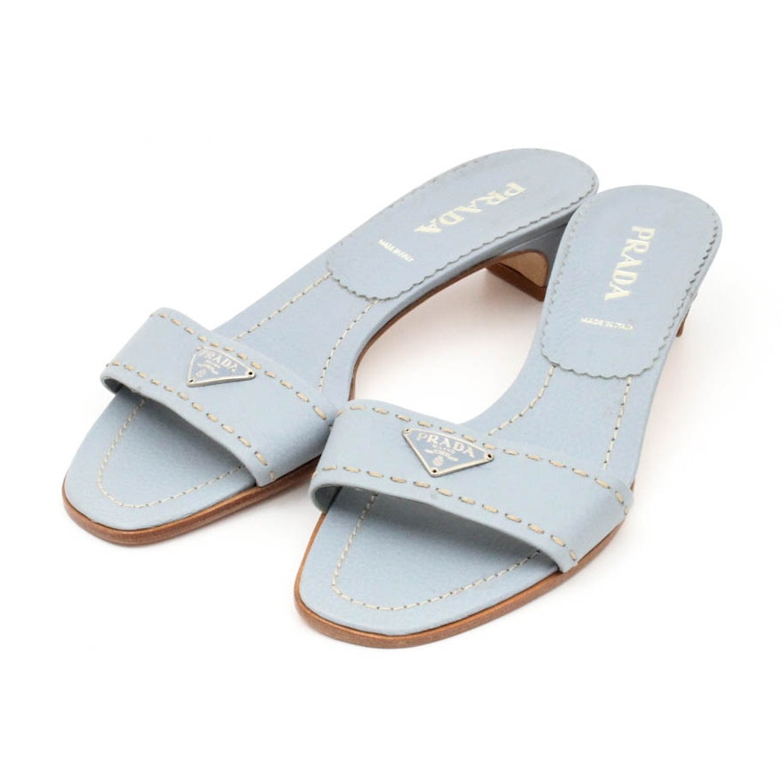 Prada Powder Blue Leather Logo Slides