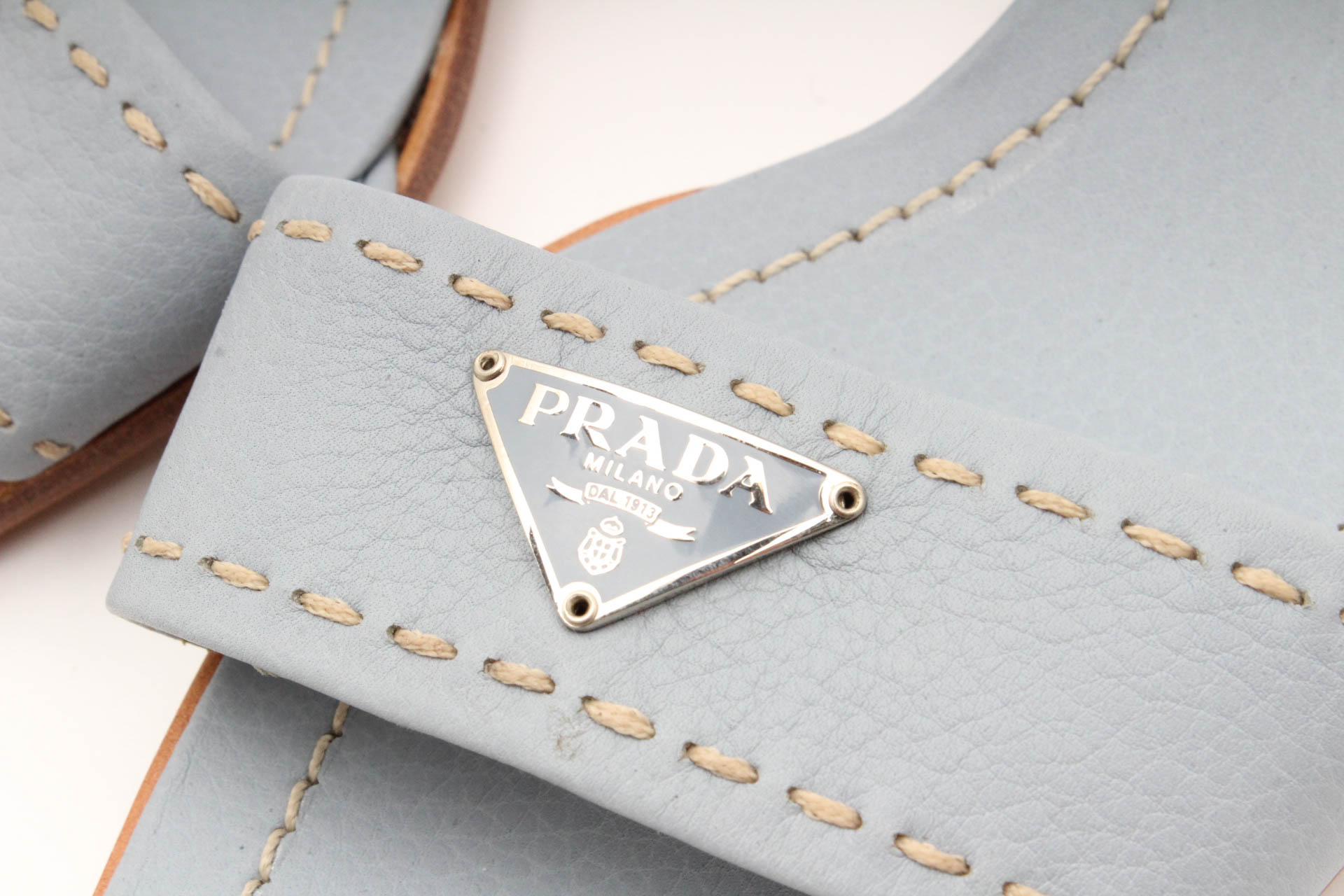 Prada Powder Blue Leather Logo Slides