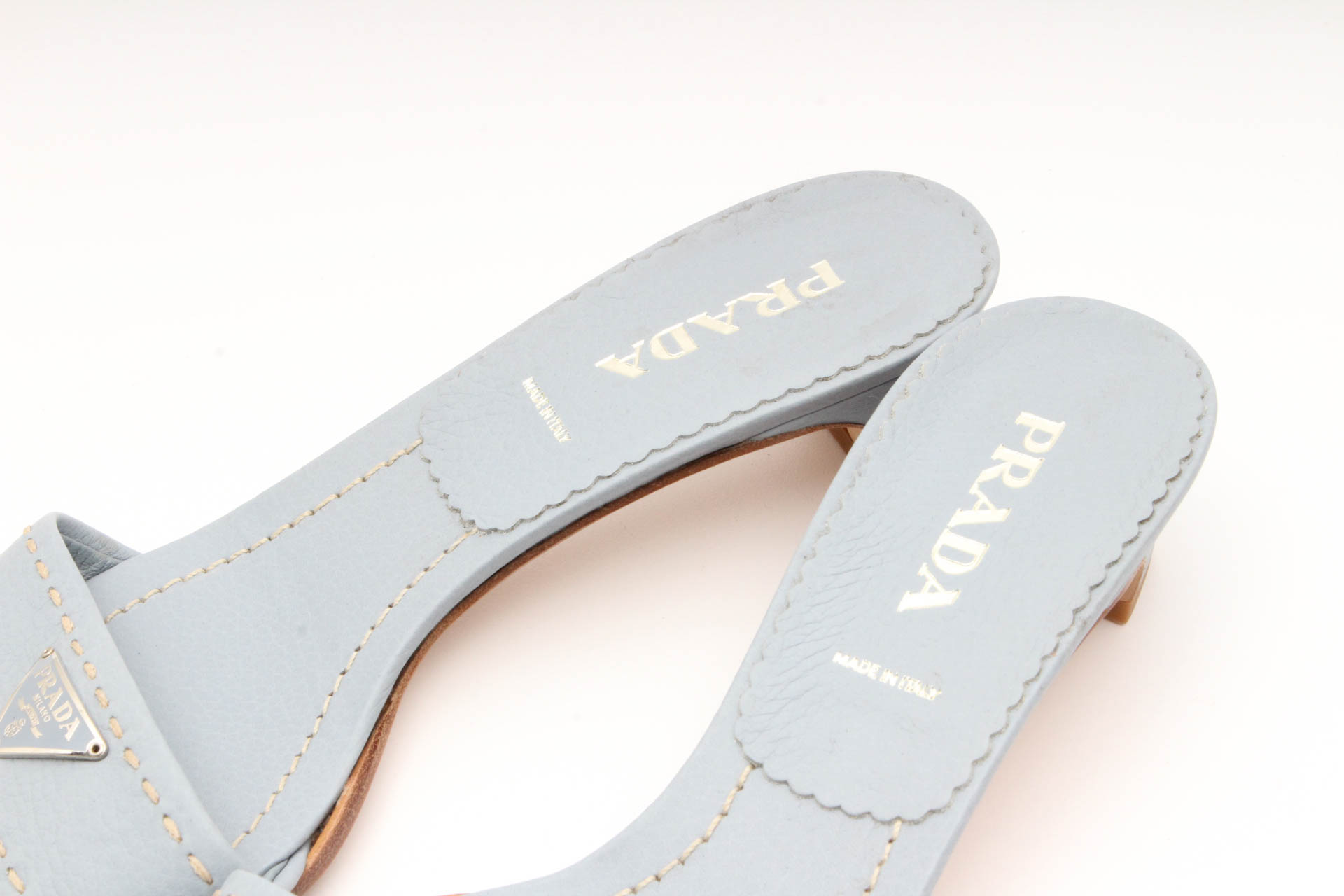 Prada Powder Blue Leather Logo Slides