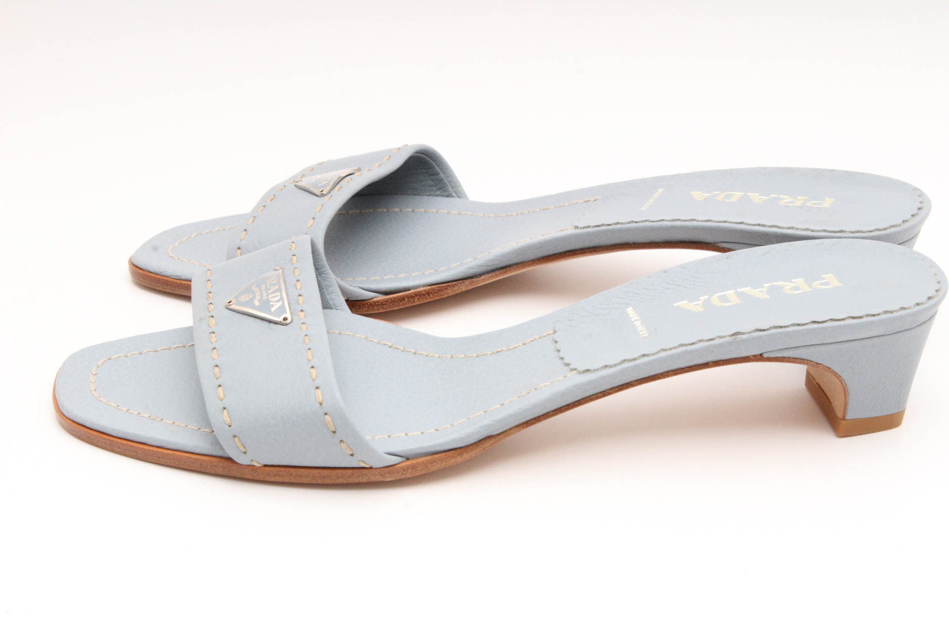 Prada Powder Blue Leather Logo Slides