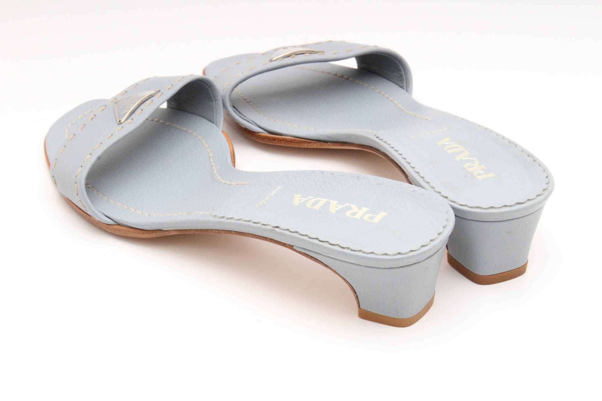 Prada Powder Blue Leather Logo Slides