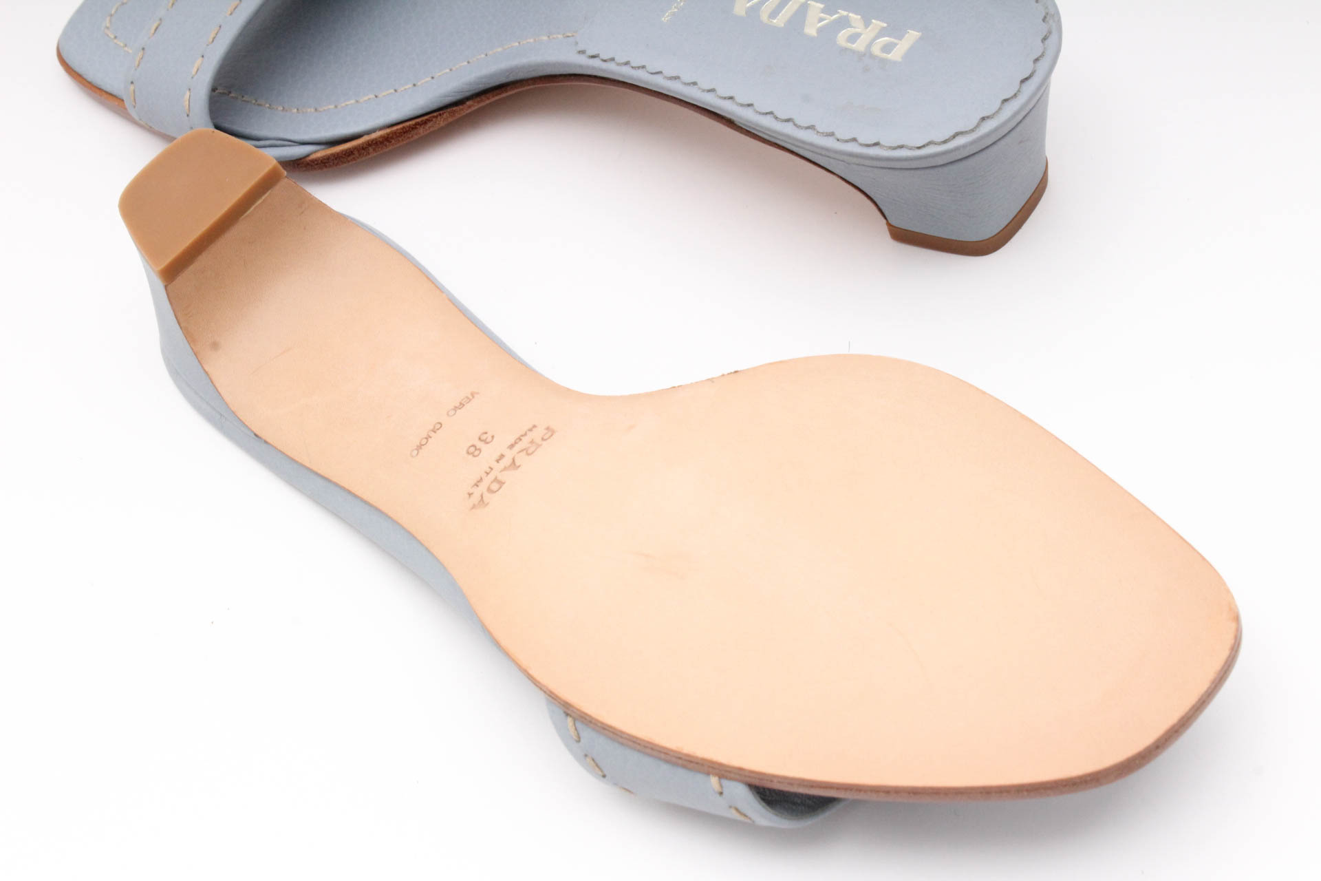 Prada Powder Blue Leather Logo Slides