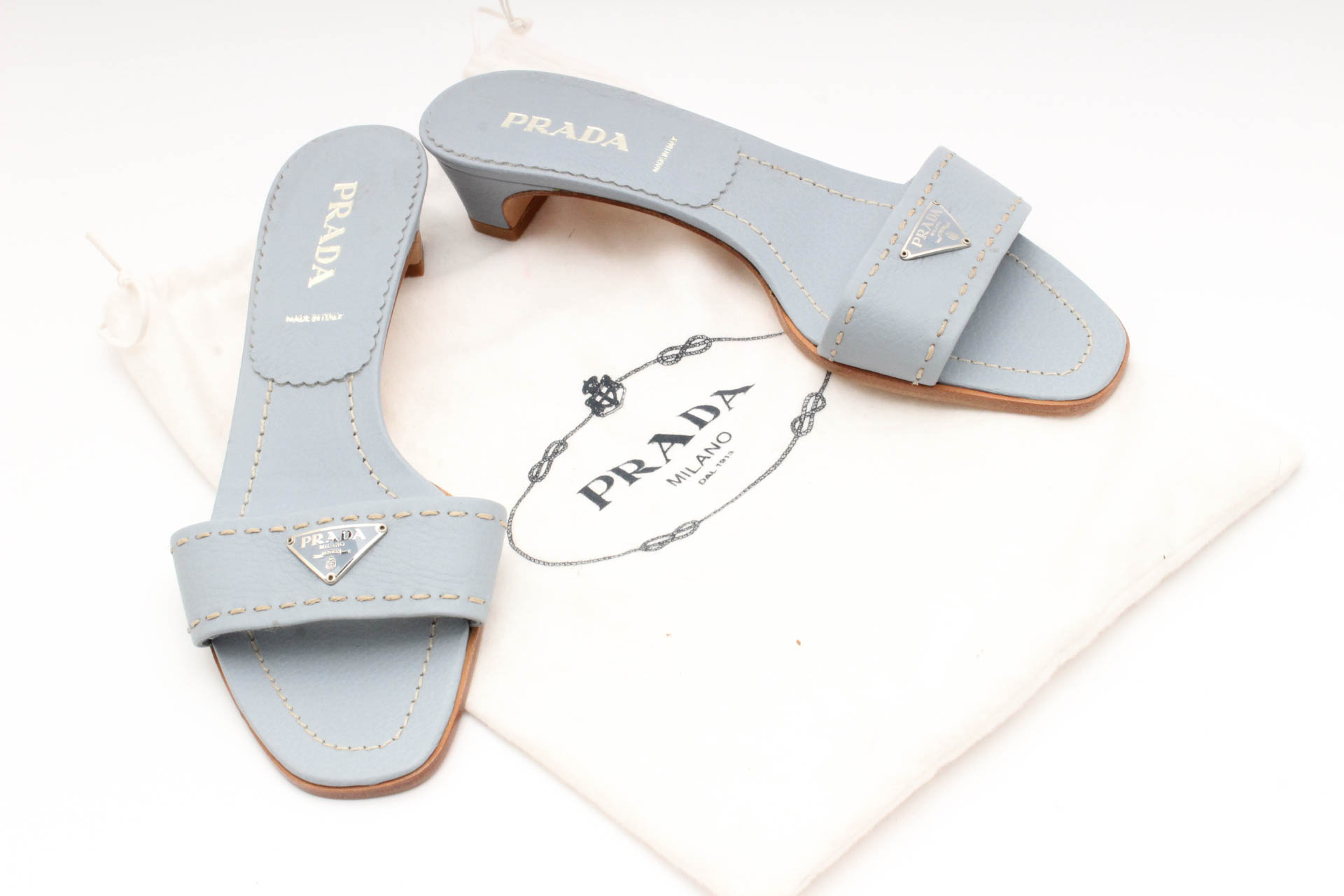 Prada Powder Blue Leather Logo Slides