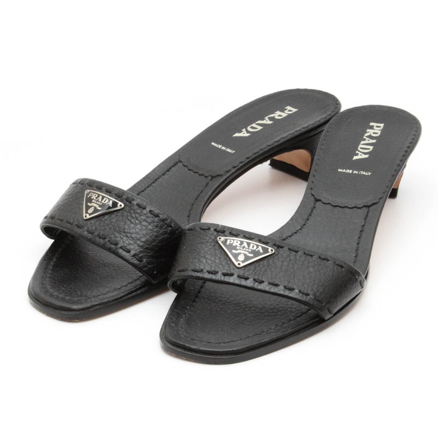 Prada Black Leather Logo Slides