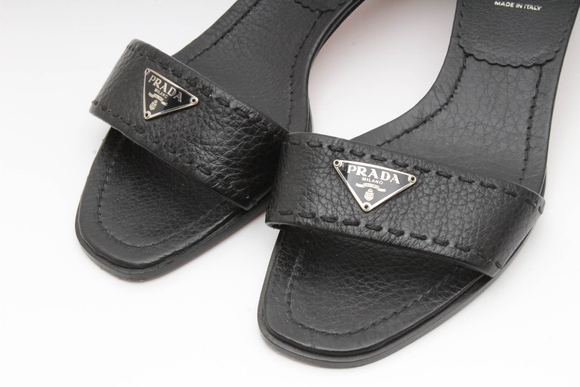 Prada Black Leather Logo Slides