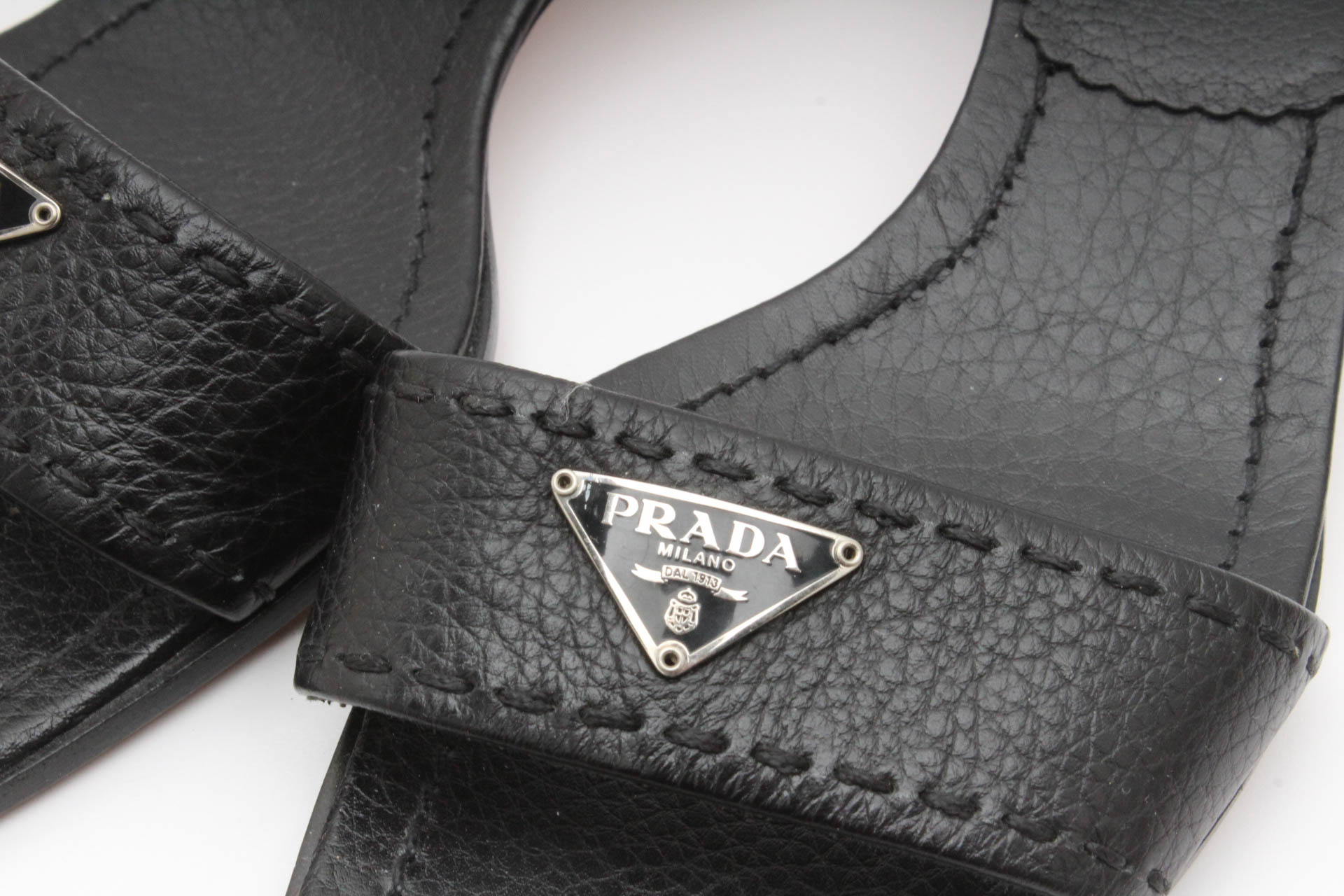 Prada Black Leather Logo Slides