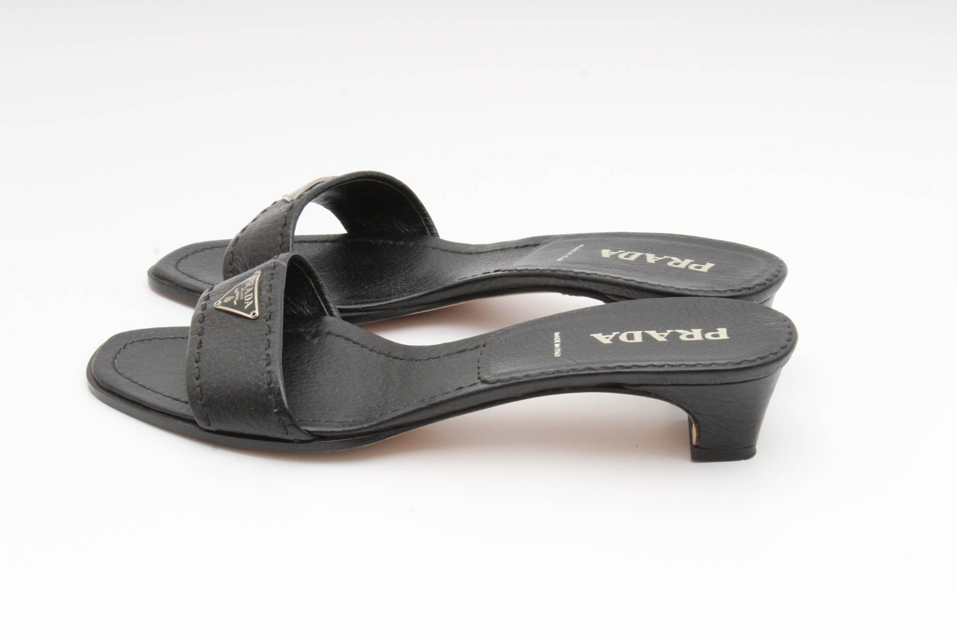 Prada Black Leather Logo Slides