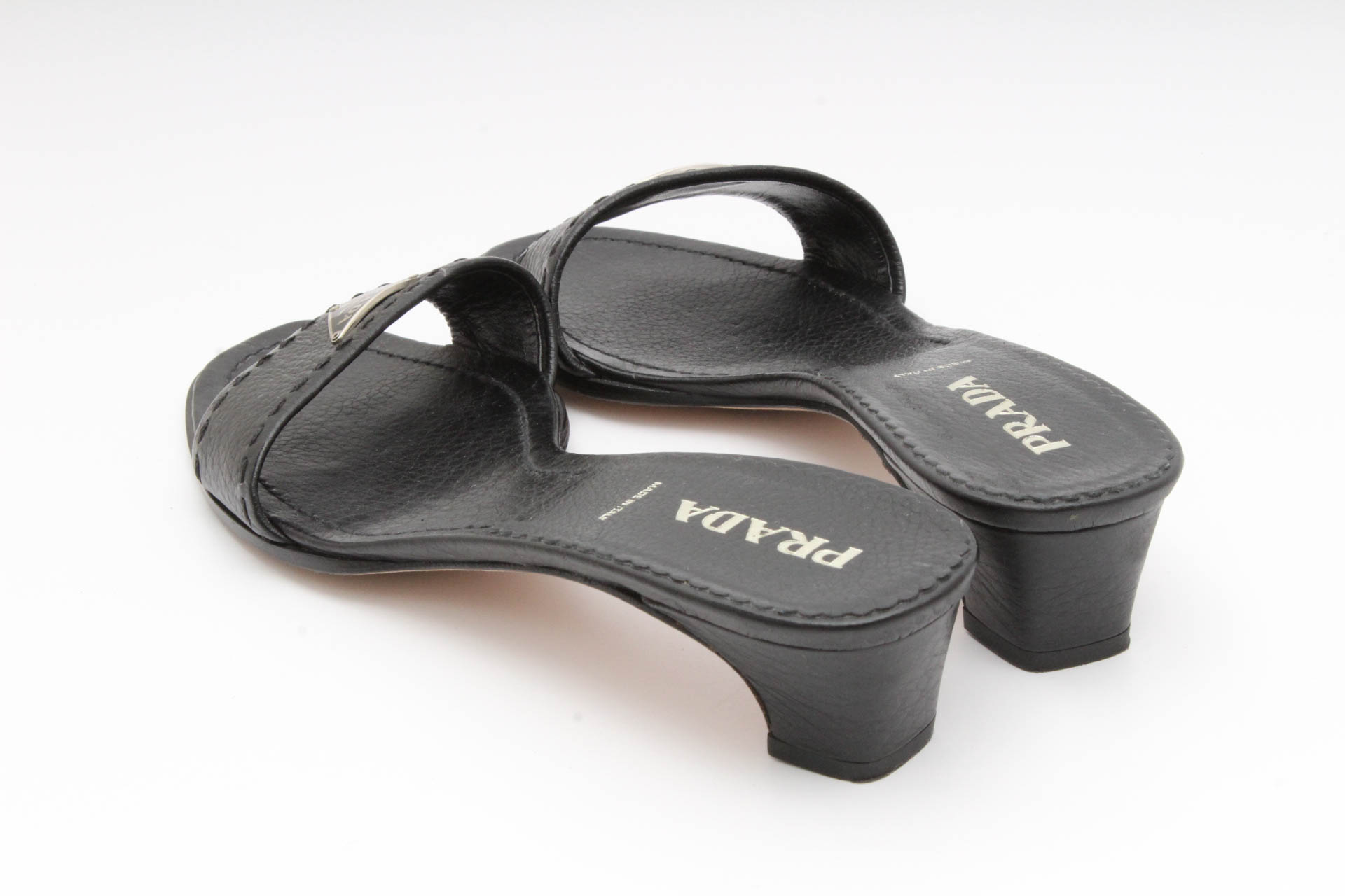 Prada Black Leather Logo Slides