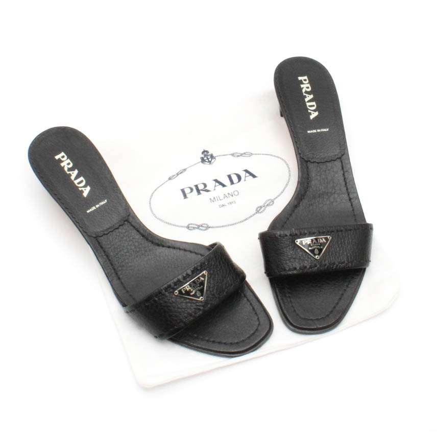 Prada Black Leather Logo Slides