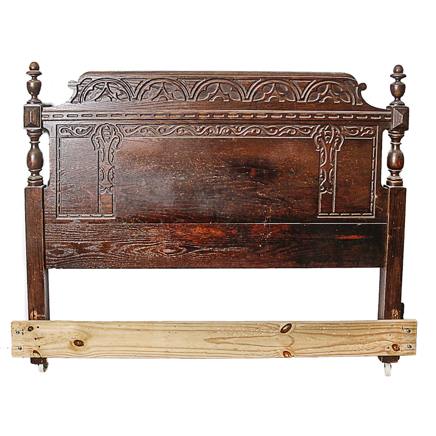 Carved Quartersawn Oak Full Size Headboard