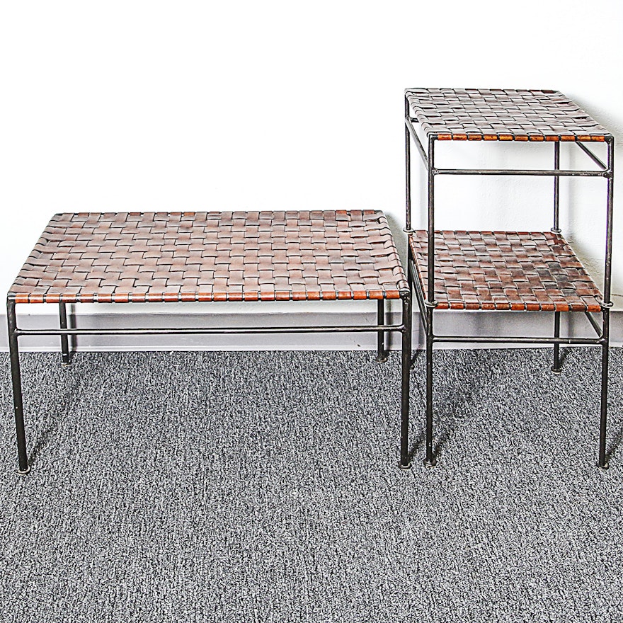 Coffee Table and Two End Tables with Metal Frame and Woven Leather Top