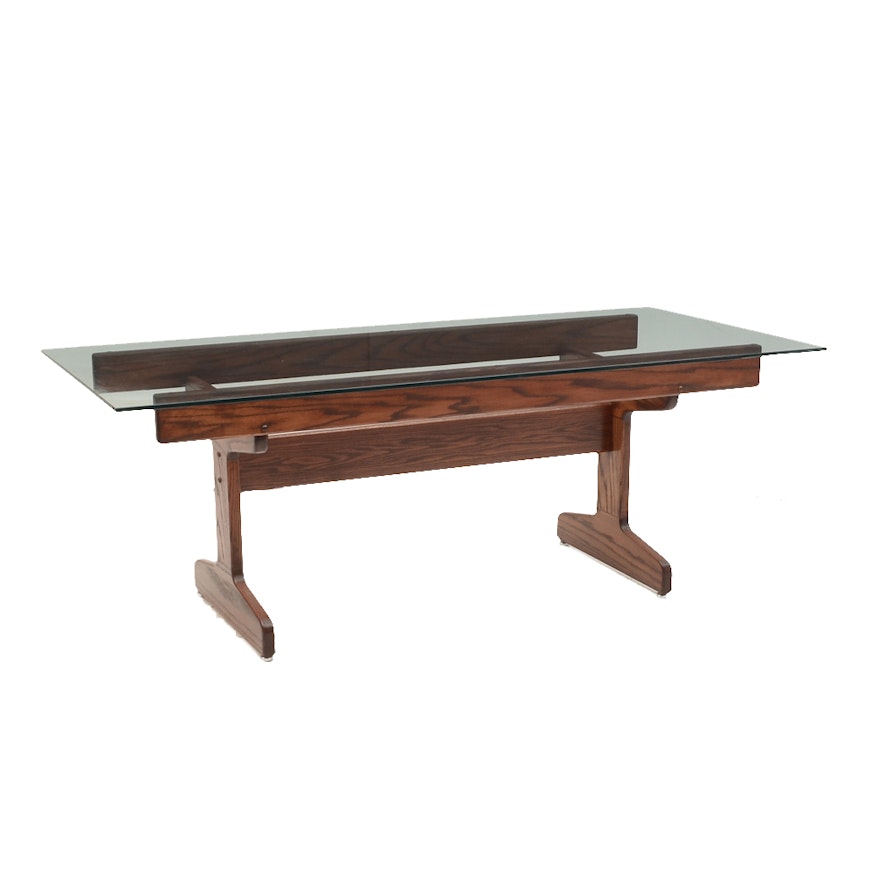 Oak Framed Trestle Dining Table with Tempered Glass Top