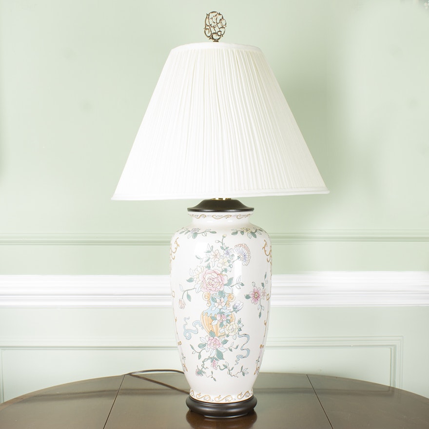 Floral Ceramic Table Lamp with White Shade