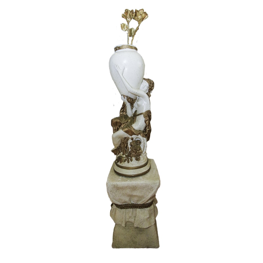 Vintage Statue of Woman Holding Vase with Flowers