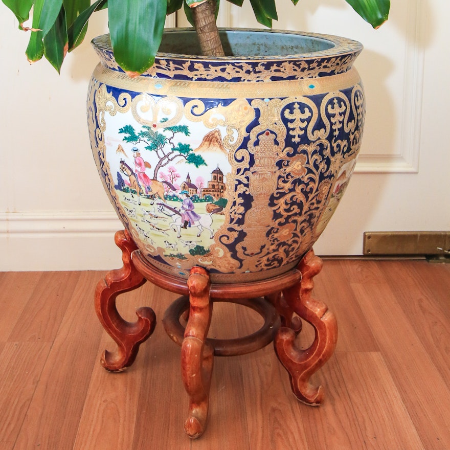 Artificial Tree in Chinese Fish Bowl Planter with Hunting Scene