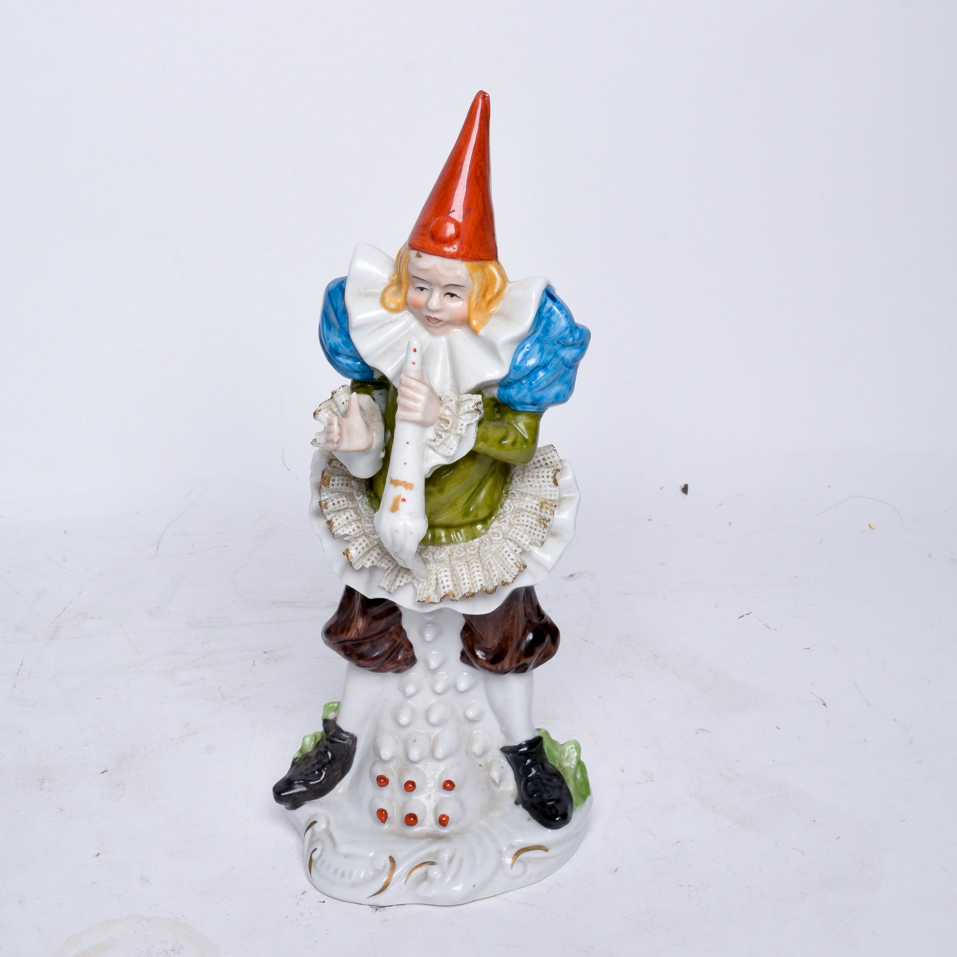 Porcelain Clown Figurine with Dresden Lace Accents