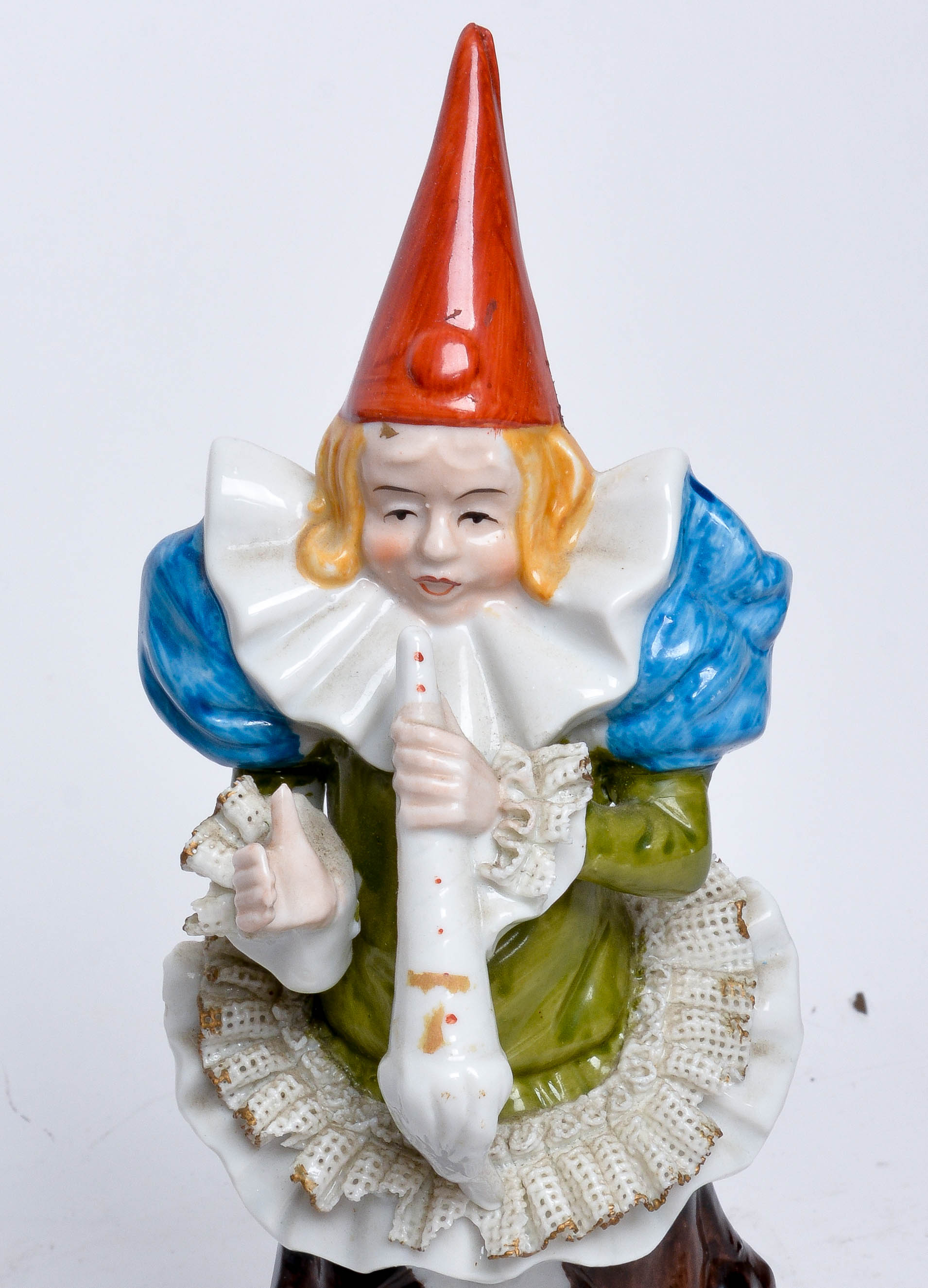 Porcelain Clown Figurine with Dresden Lace Accents
