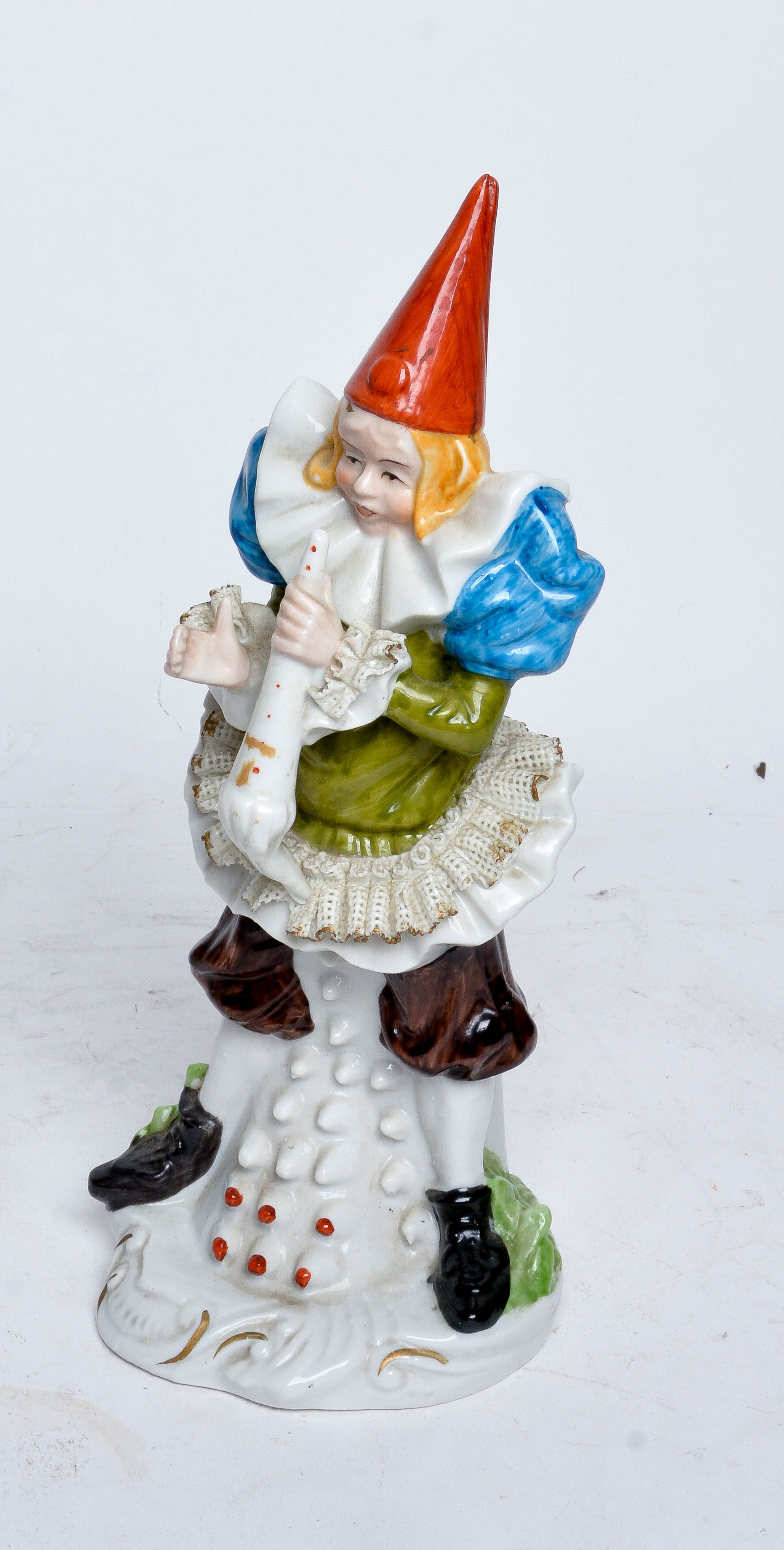 Porcelain Clown Figurine with Dresden Lace Accents