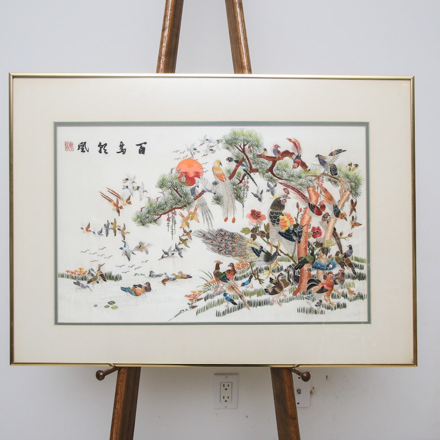 Chinese Silk Embroidery of Birds and Landscape Scene