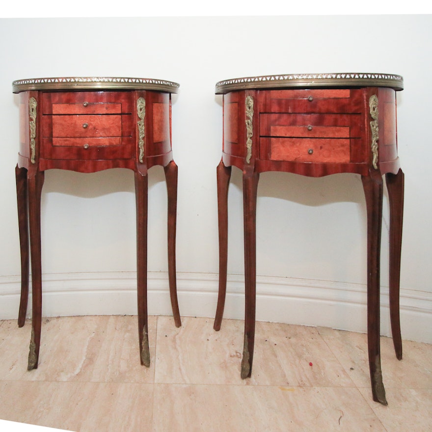 Two Inlaid Louis XV Style Demilune Tables With Brass Galleries