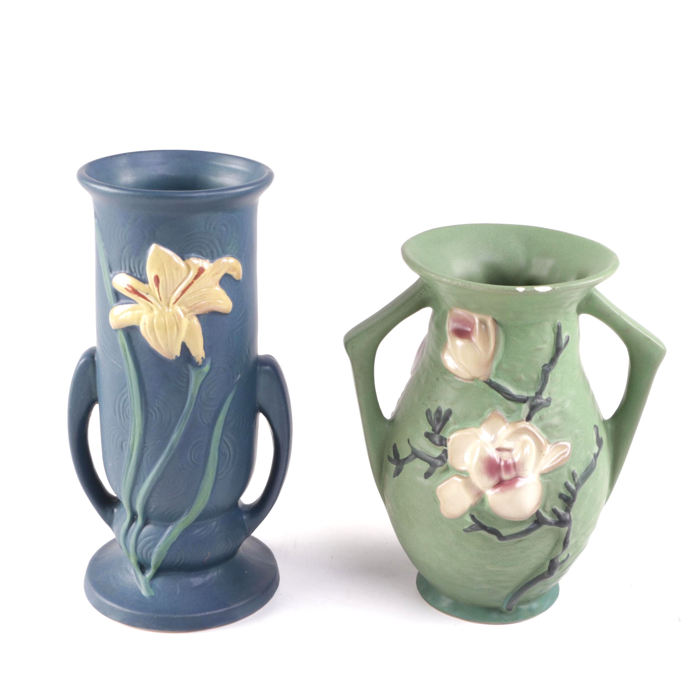 Reproduction Chinese Roseville Dual Handled Floral Motif Ceramic Vases