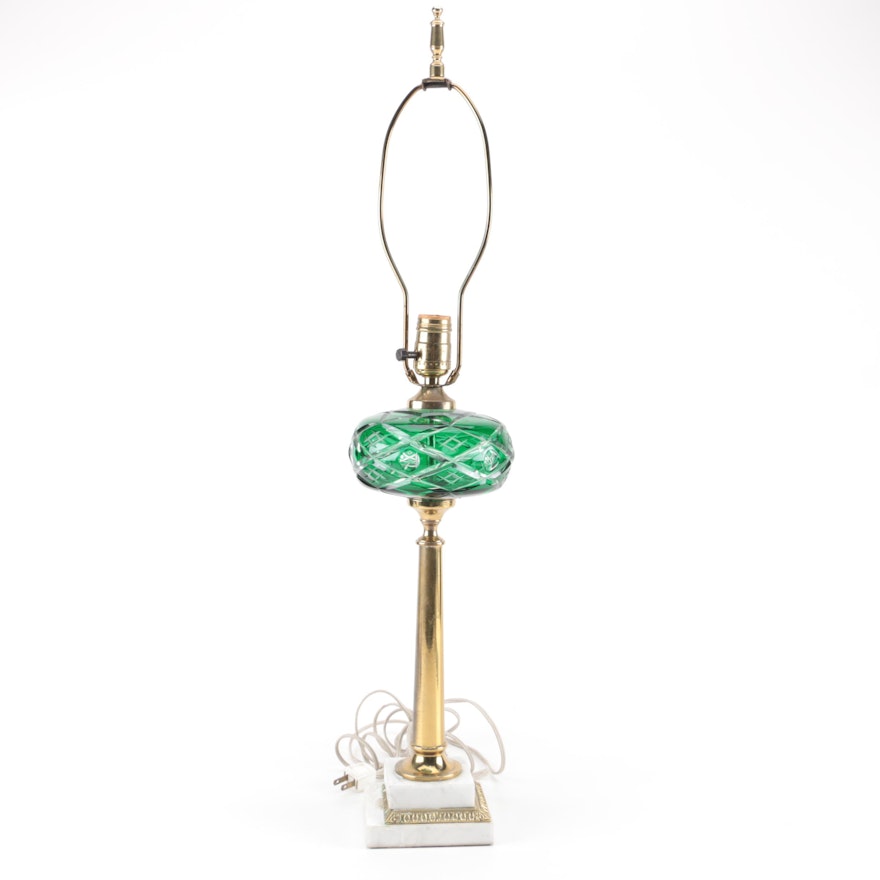 Vintage Green Cut Glass Lamp with Brass and Marble Base