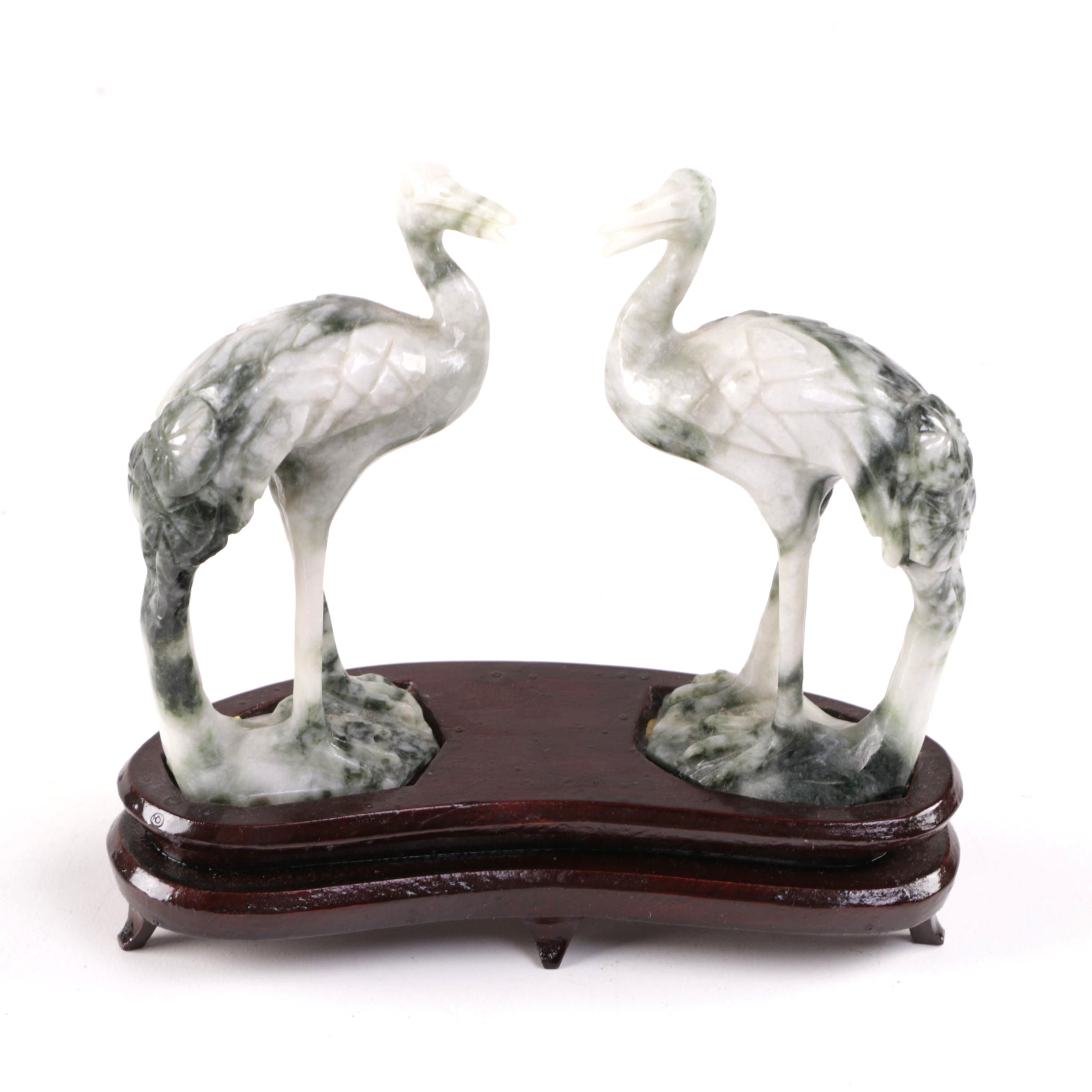 Pair of Nephrite Crane Figurines with Stand