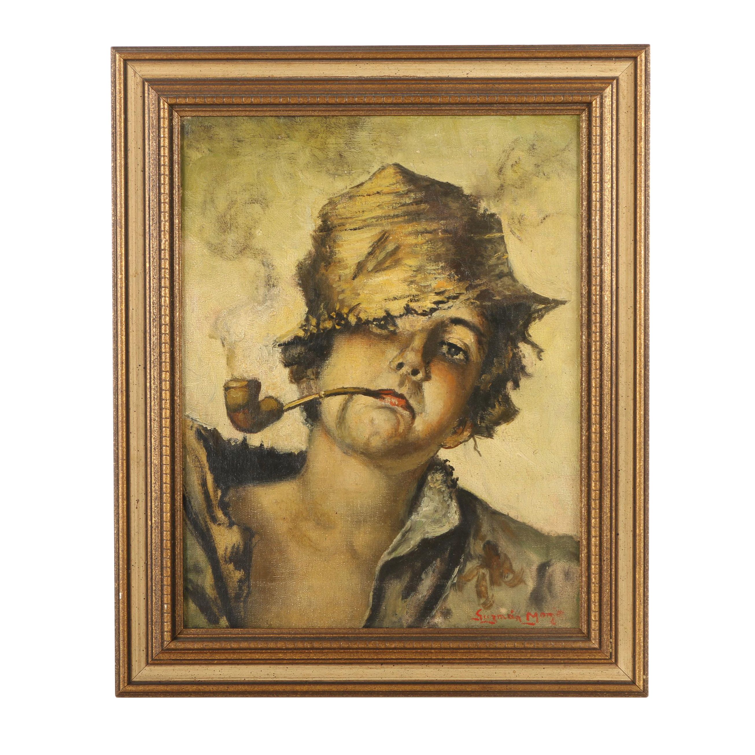 Oil Painting on Canvas of Boy Smoking a Pipe