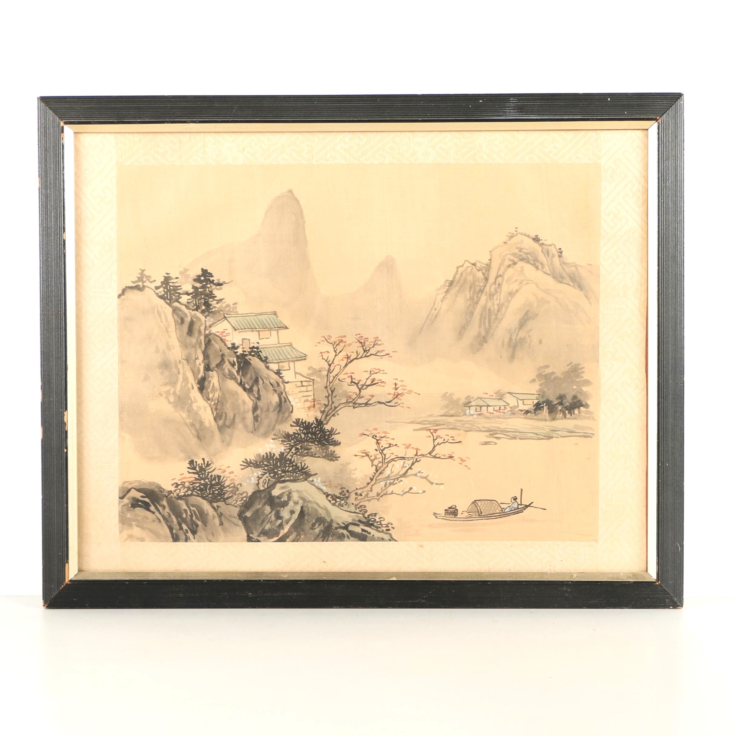 East Asian Style Watercolor and Ink Landscape Painting on Silk