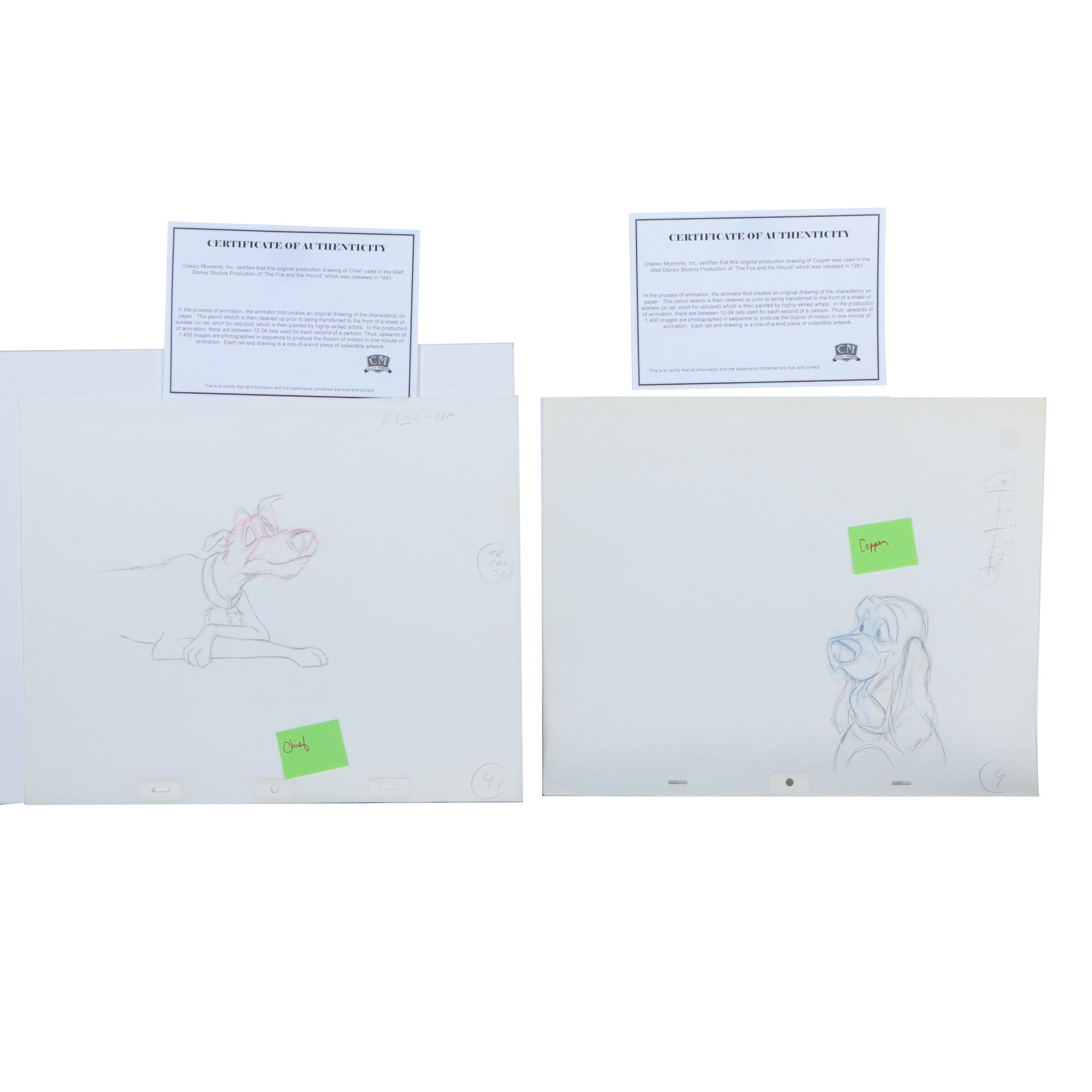 Original Production Sketches of Copper and Chief from "The Fox and the Hound"