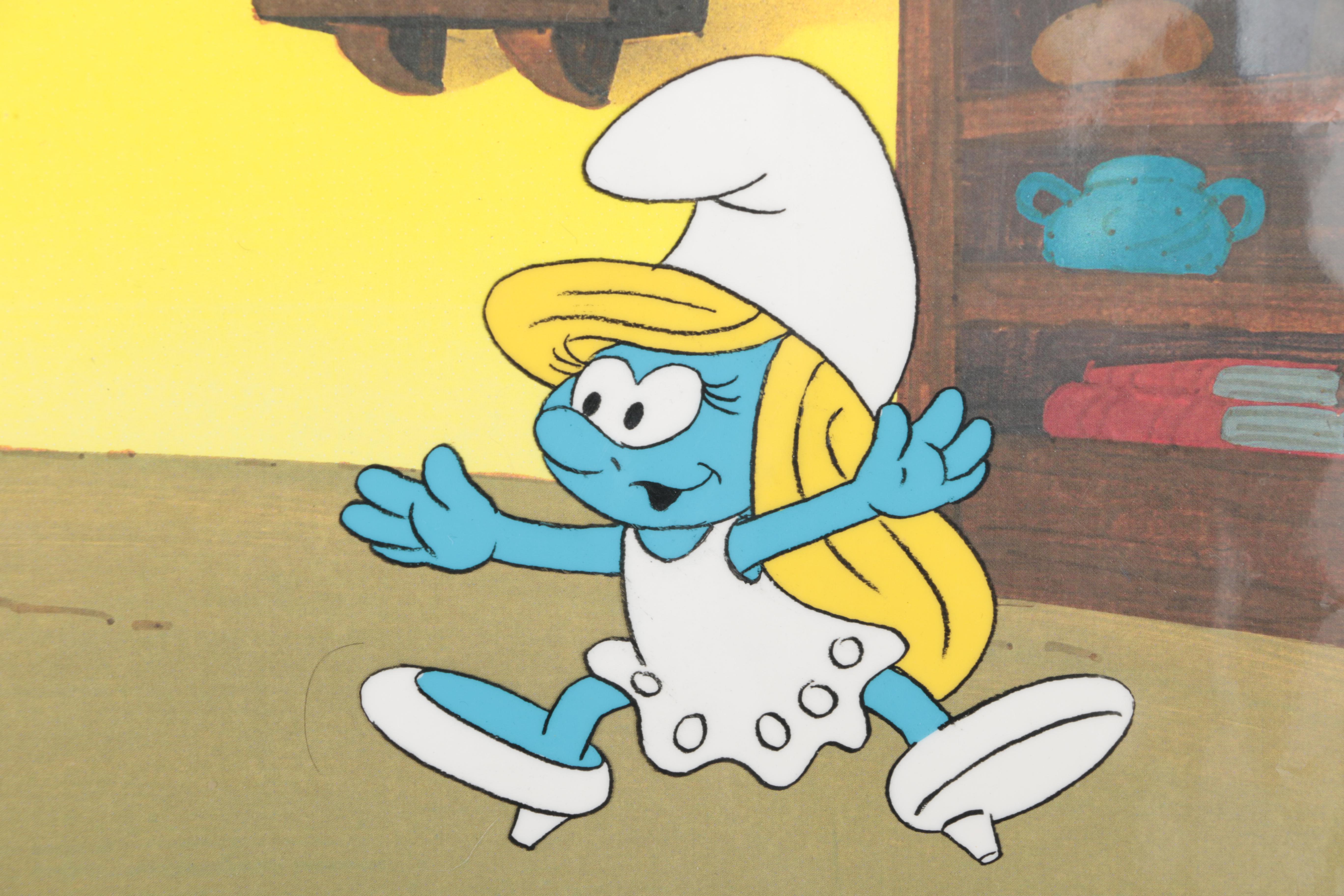Three Smurfs Original Production Cels With An Original Master Background