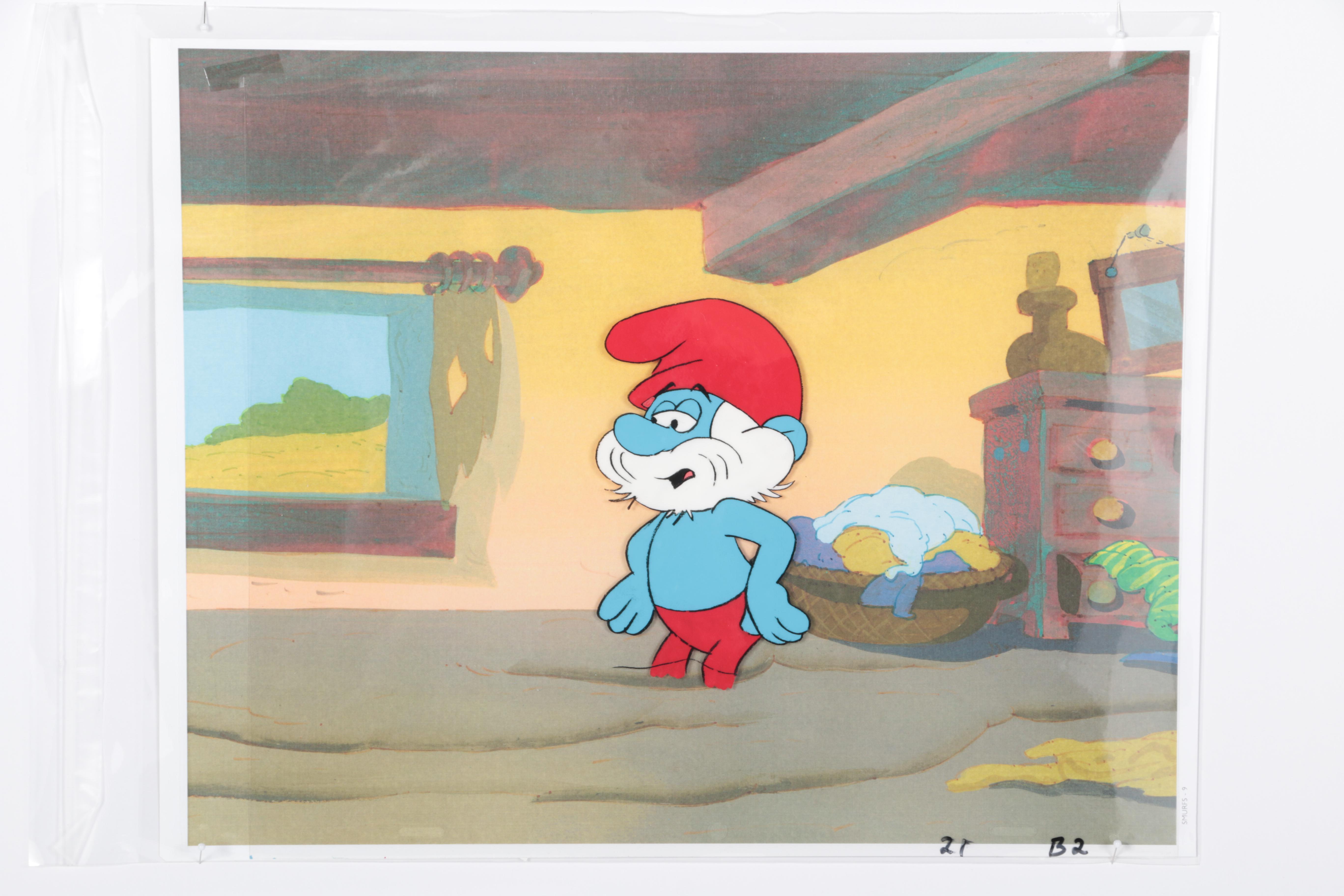 Three Smurfs Original Production Cels With An Original Master Background