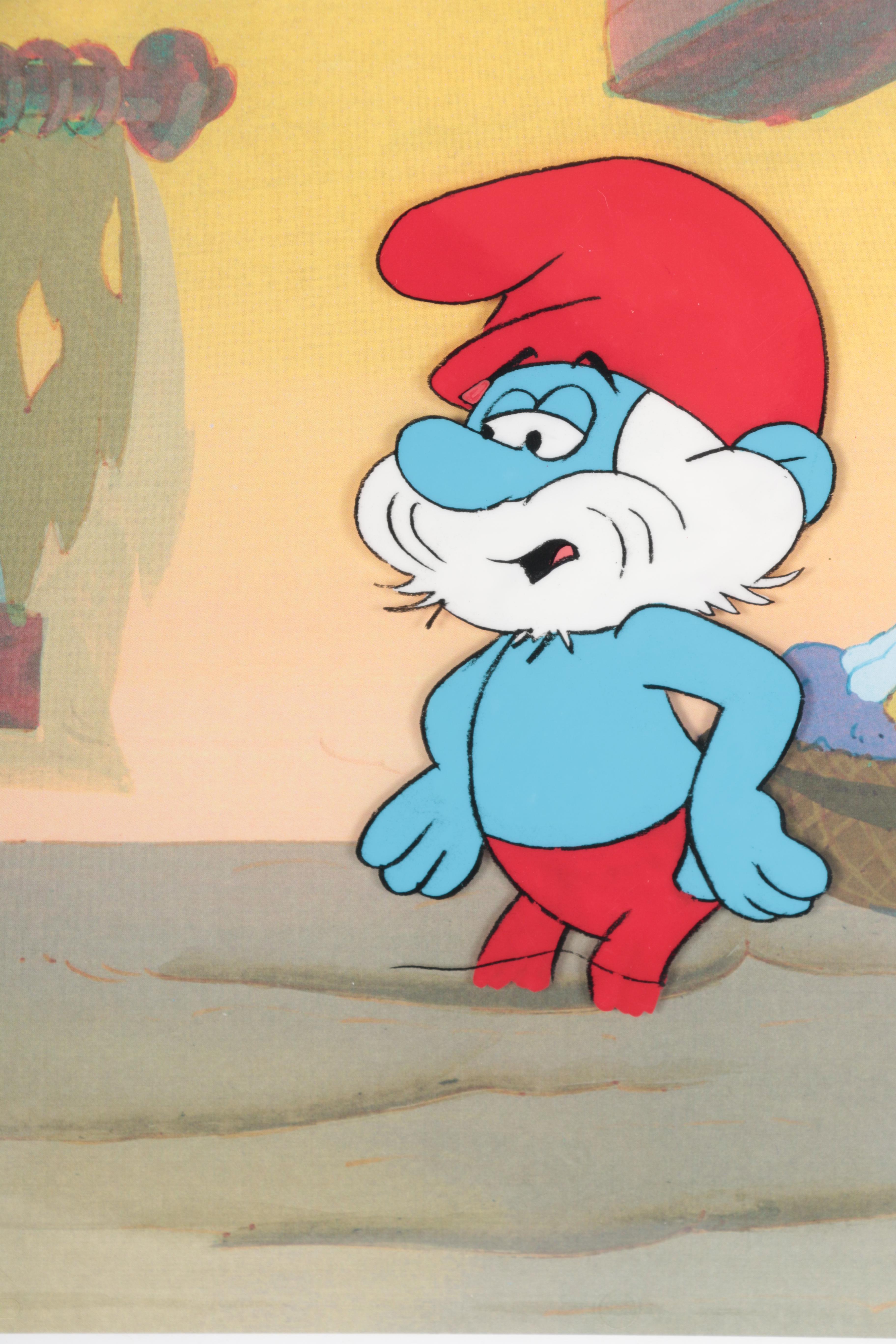 Three Smurfs Original Production Cels With An Original Master Background