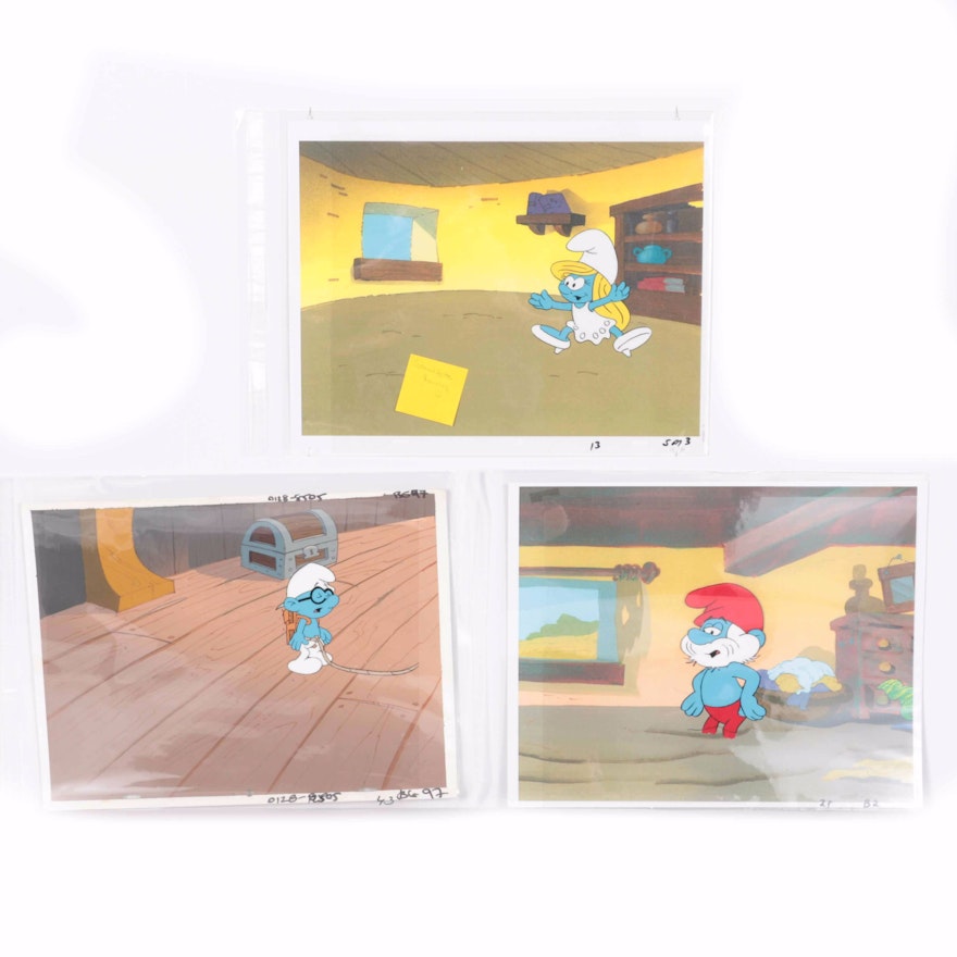 Three Smurfs Original Production Cels With An Original Master Background