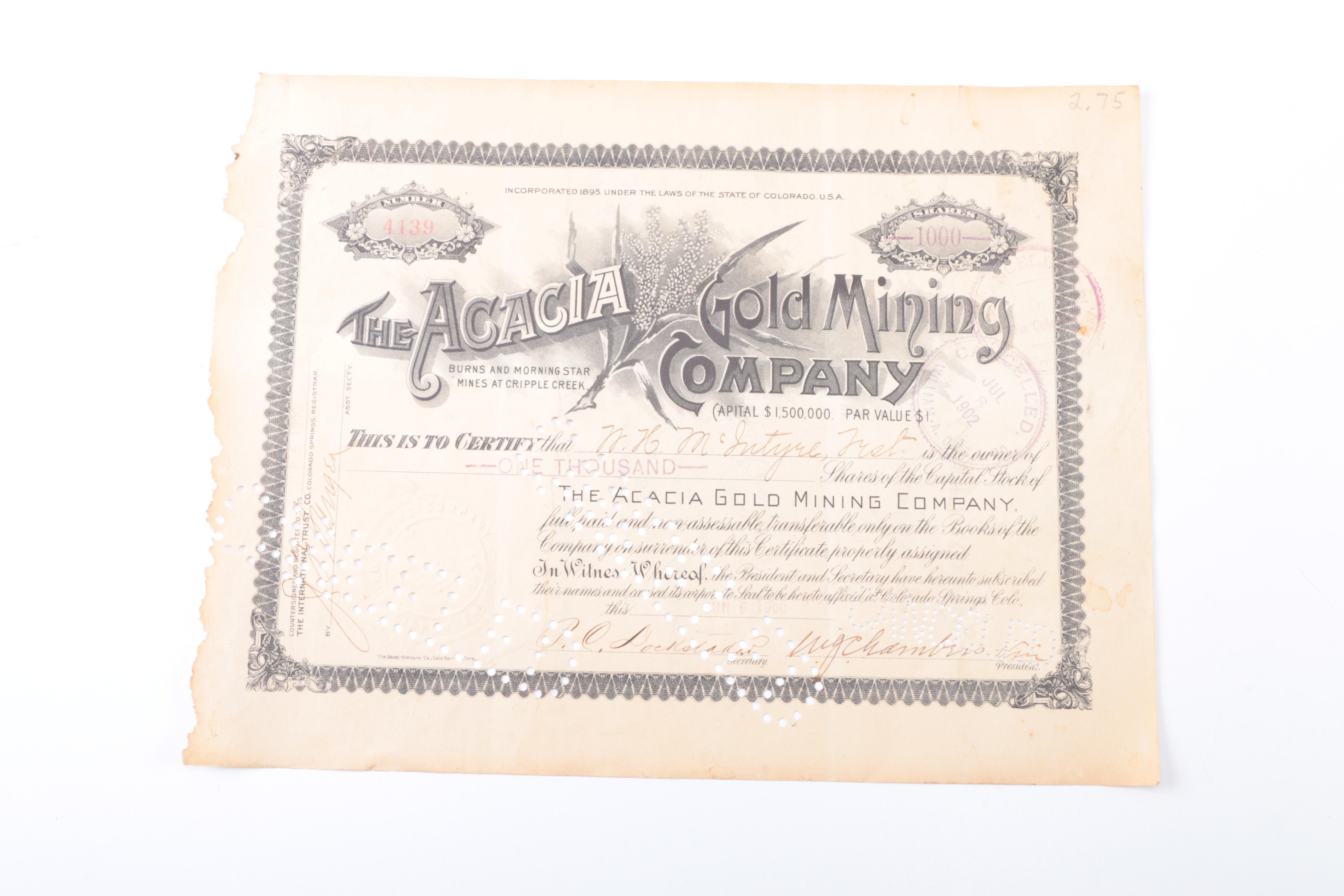 Antique Railroad and Gold Mining Share Certificates and Resin Coin Bank