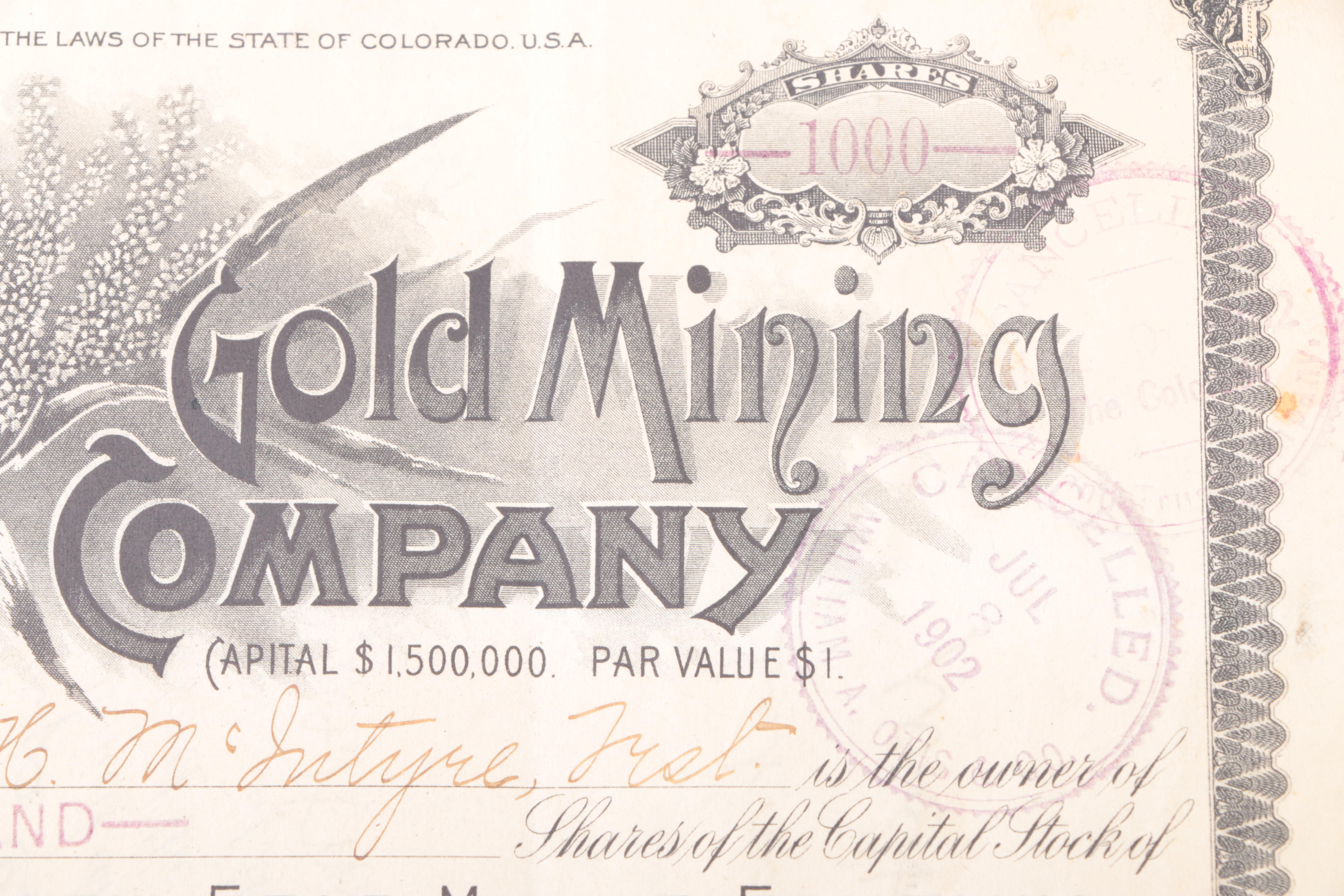 Antique Railroad and Gold Mining Share Certificates and Resin Coin Bank